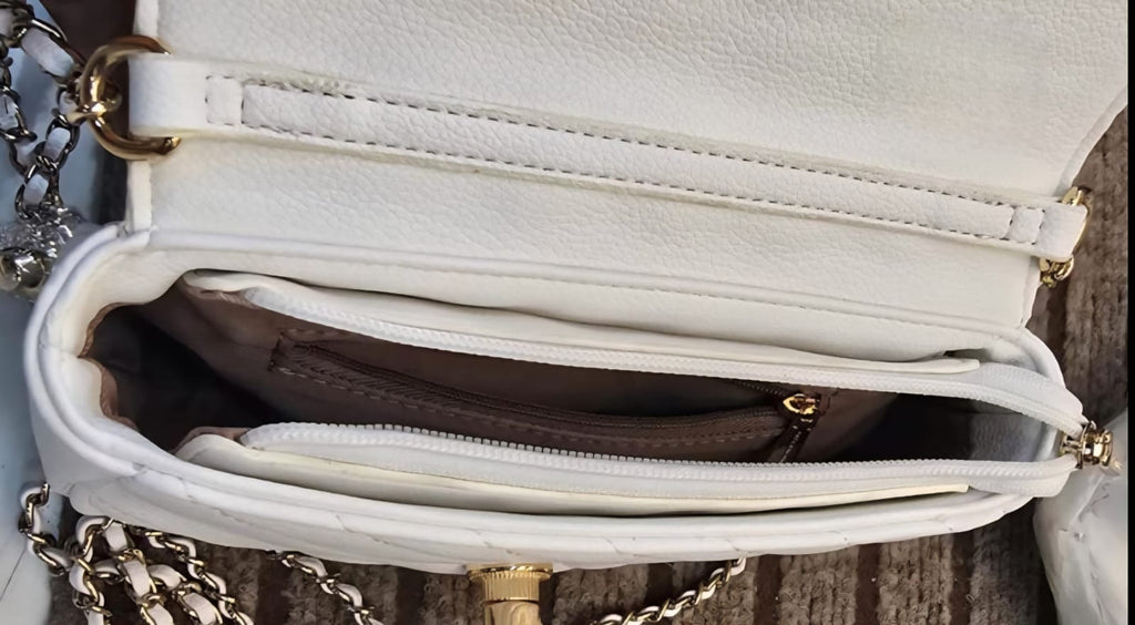 White Quilted Shoulder Bag with Gold Chain Strap