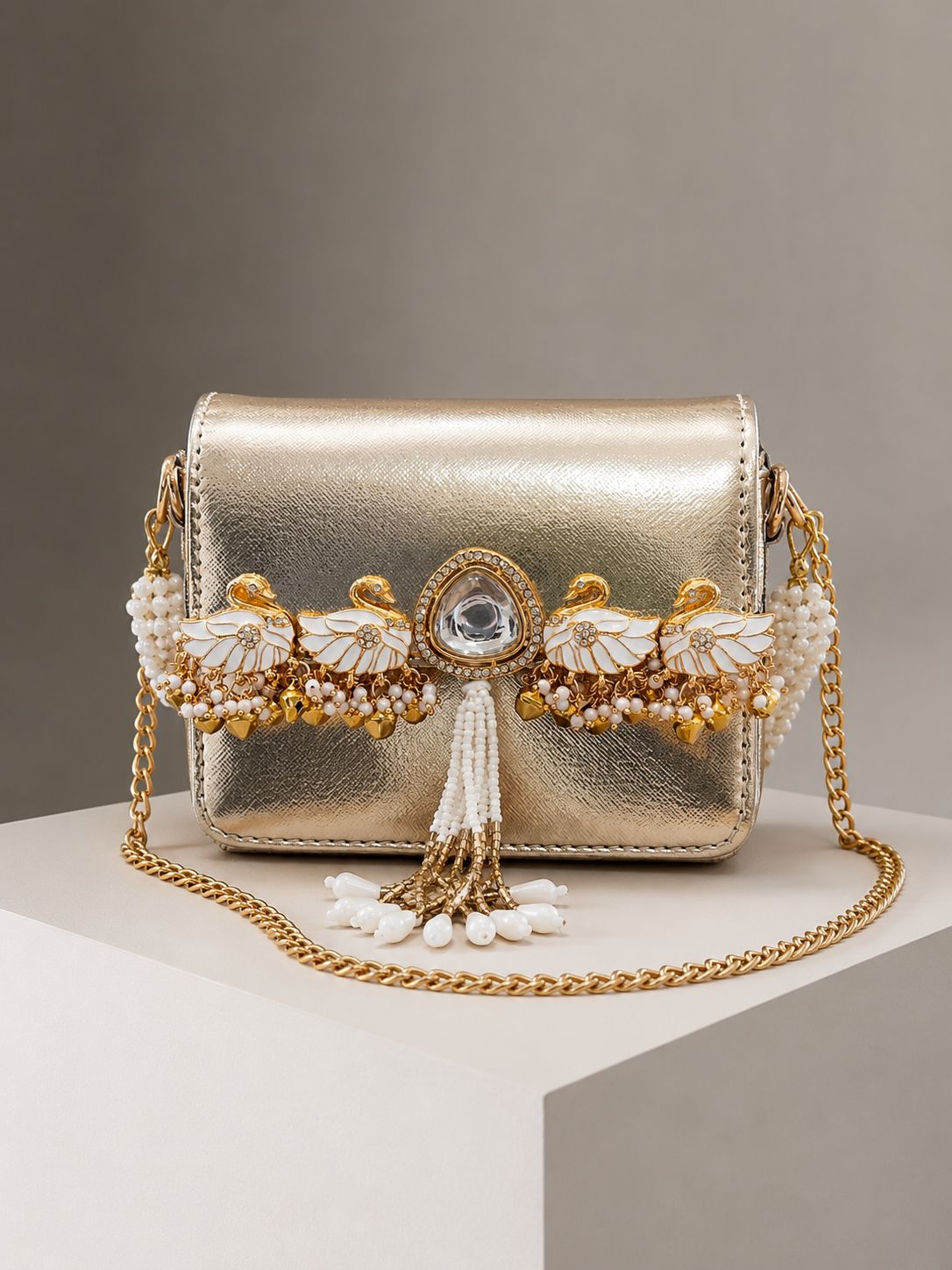 The Rajkumari Swan Metallic Mini Clutch Bag with Sling Chain