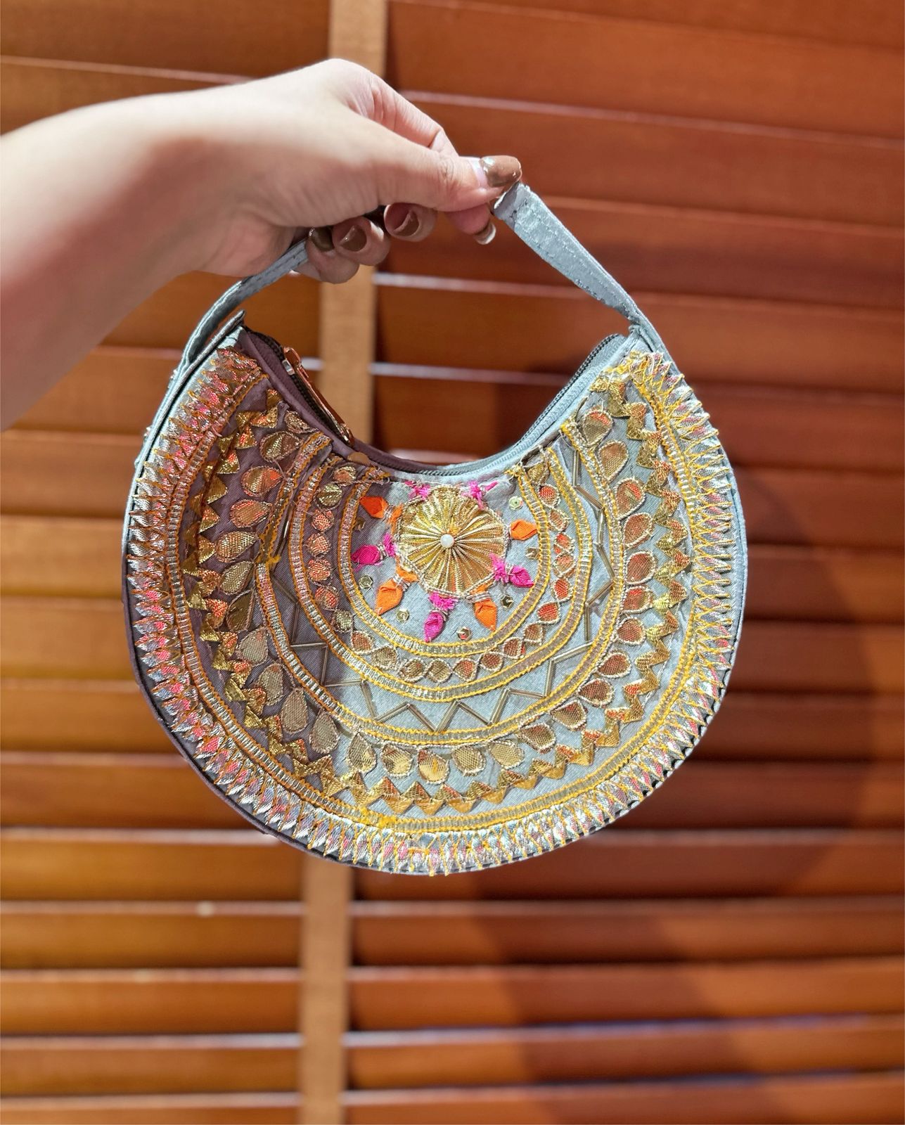 The Tribal Raw Silk Beaded Crescent Bag