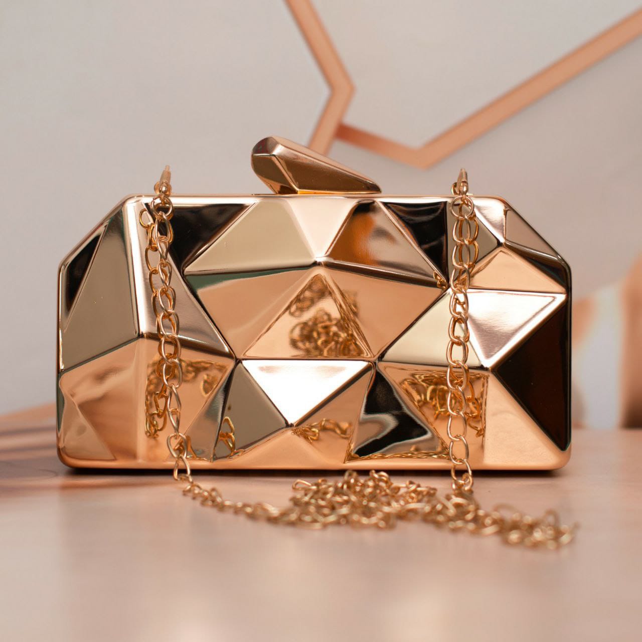 Geometric Metallic Gold Clutch with Chain Strap