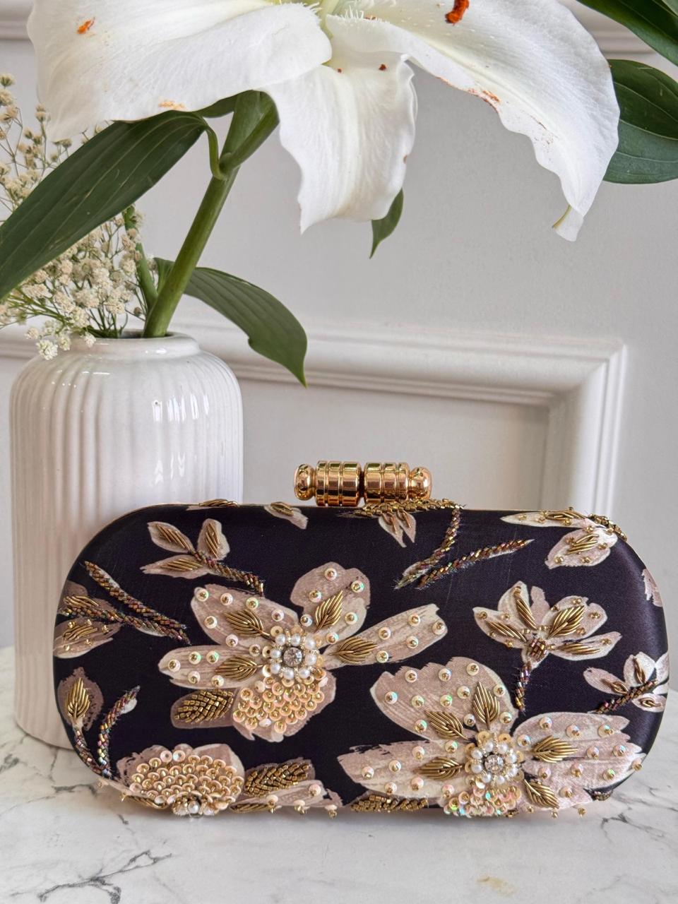 Black and Gold Floral Beaded Box Clutch