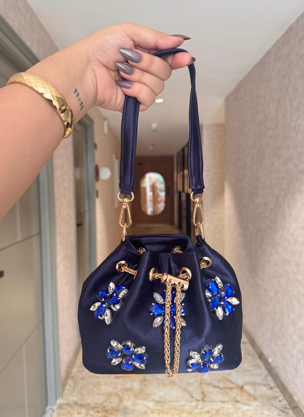 Embellished Satin Potli Bags with Crystal Floral Work