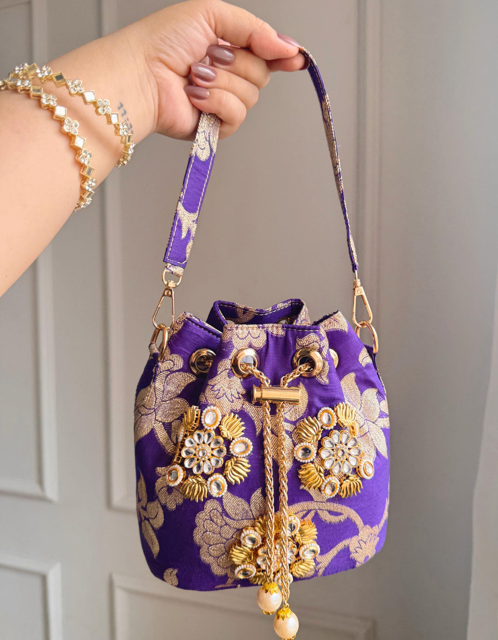 Banarasi Phool Embroidered Potli Bags – Traditional Drawstring Handbags with Golden Zari & Beadwork (Set of Colors)