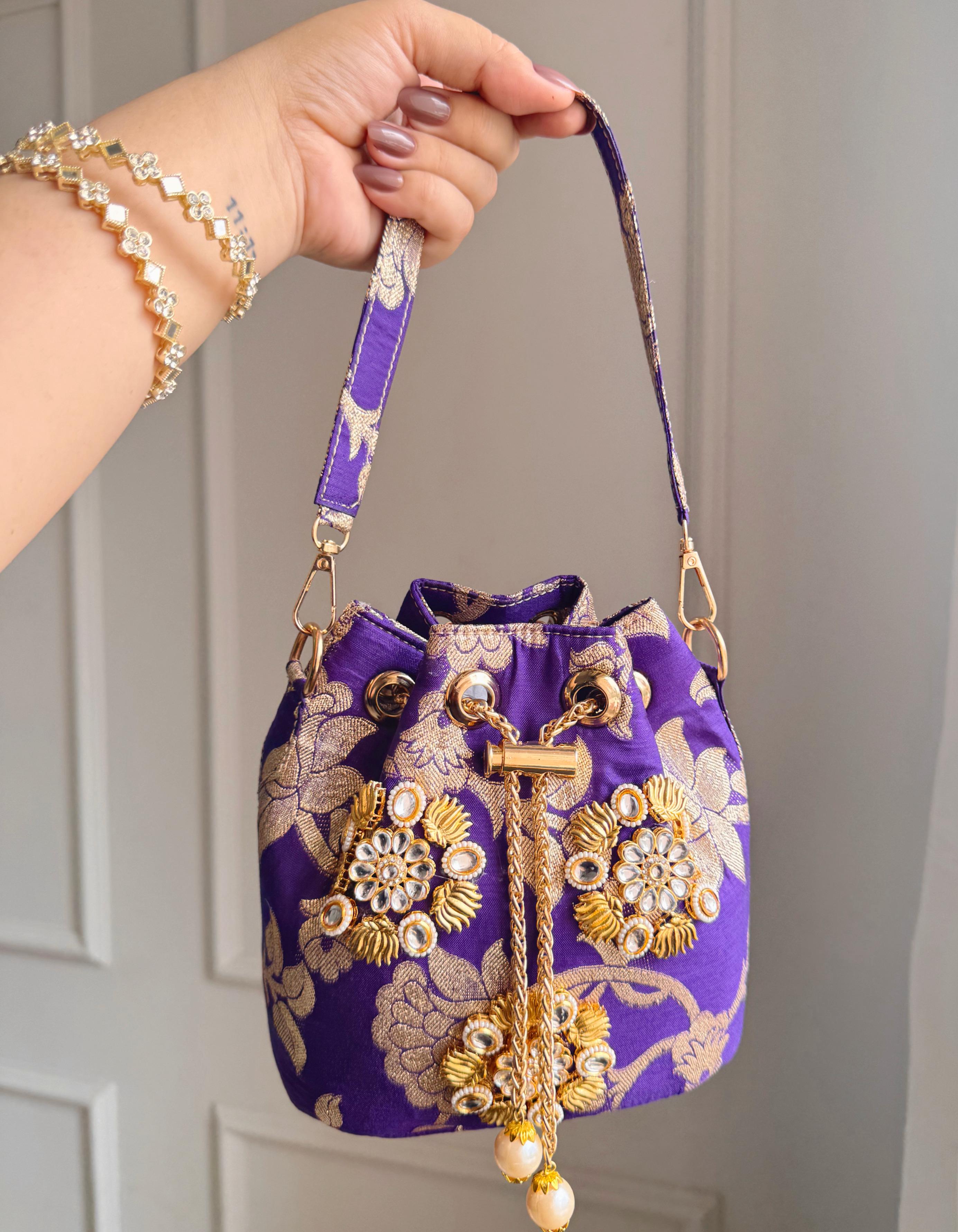 Banarasi Phool Embroidered Potli Bags – Traditional Drawstring Handbags with Golden Zari & Beadwork (Set of Colors)