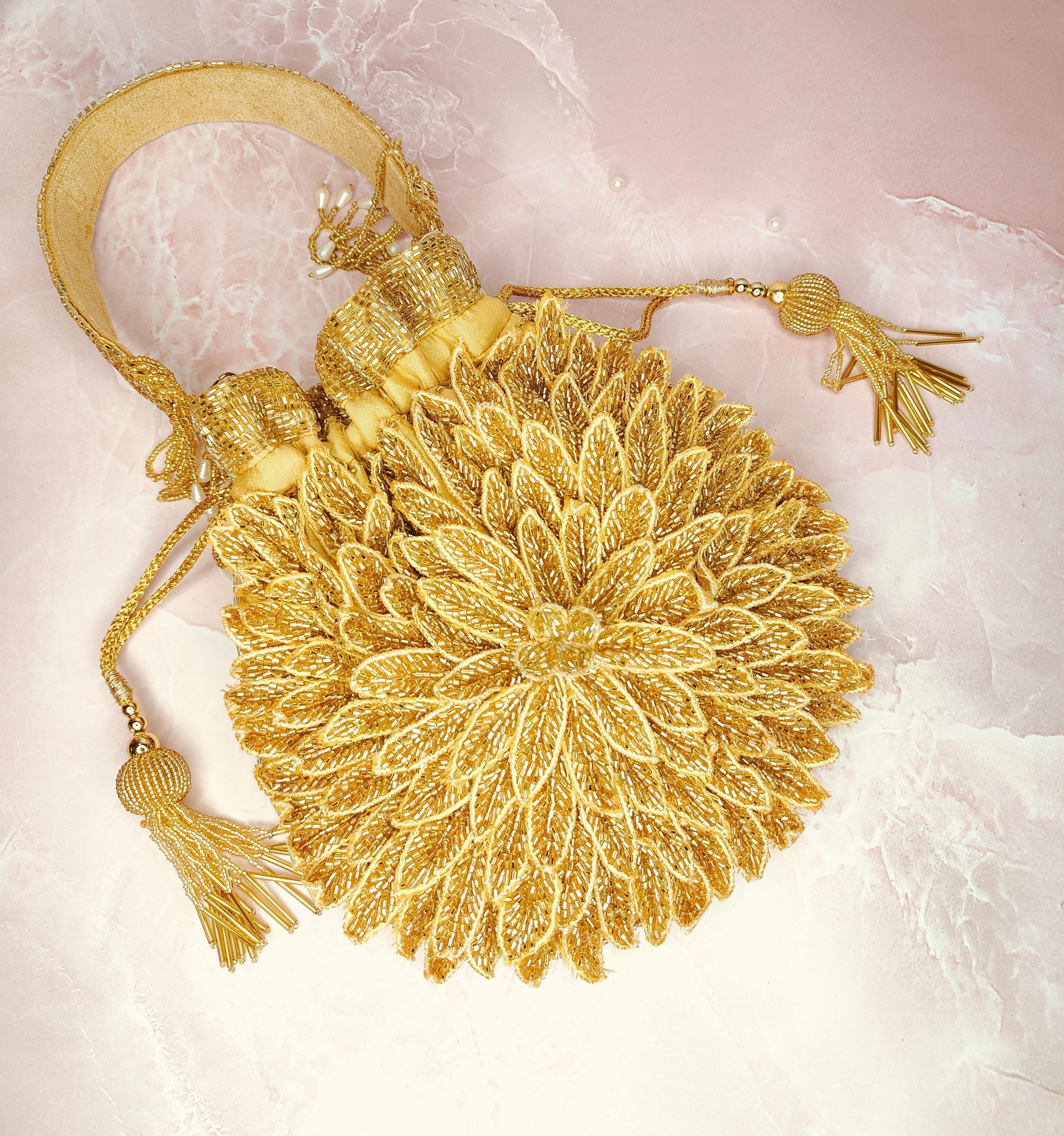 Golden Embroidered Floral Pankhri Potli Bag with Beaded Handle & Tassels