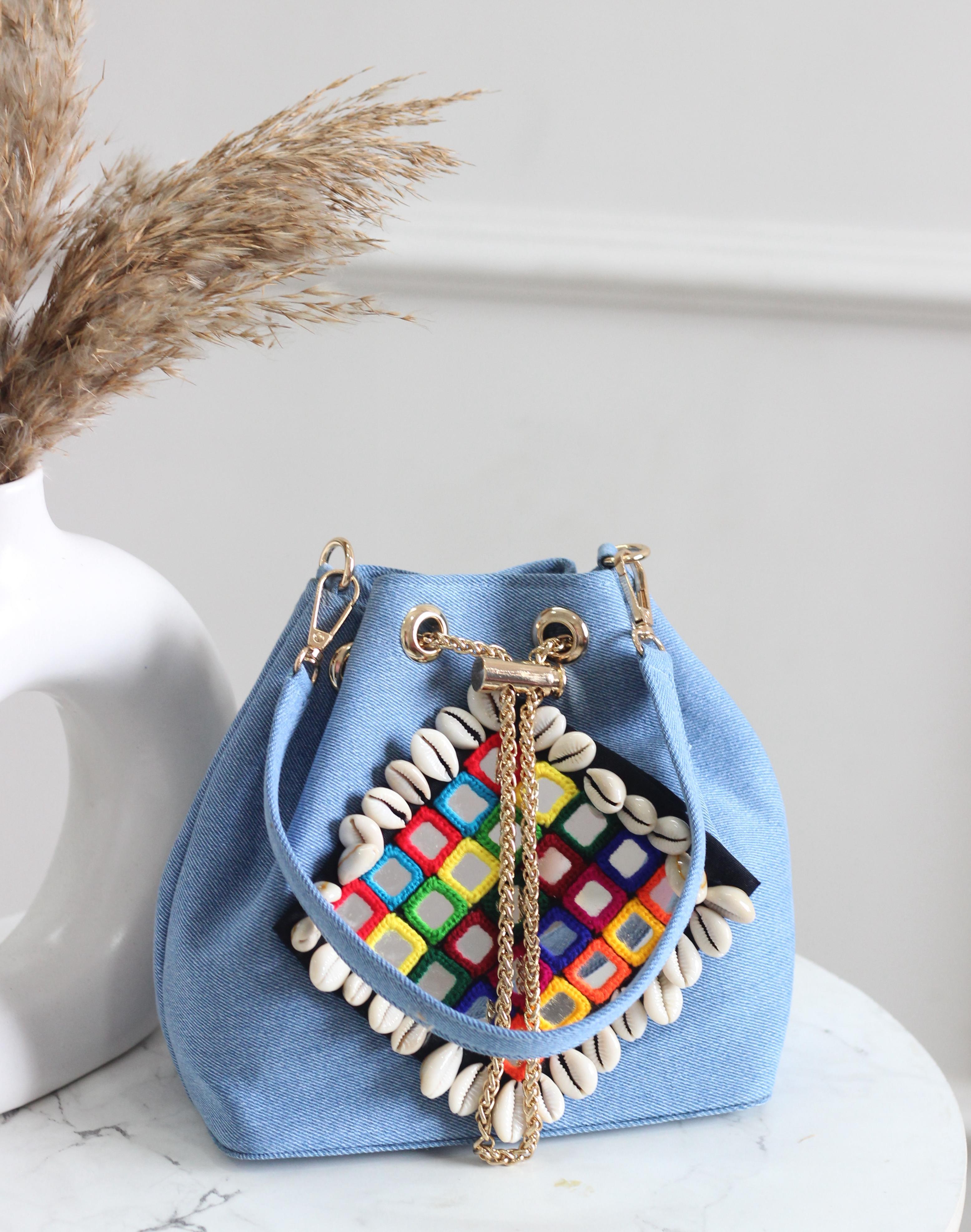 Boho-Chic Denim Bucket Bags with Shell & Mirror Work Embellishments