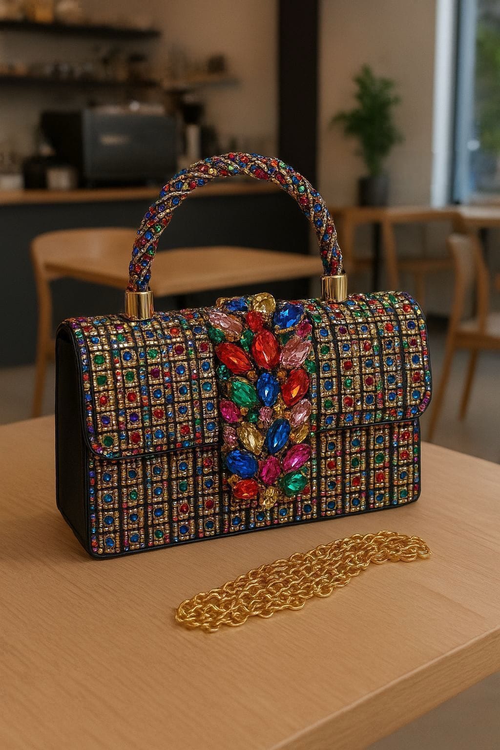 Crystal Embellished Handbag with Gold Chain