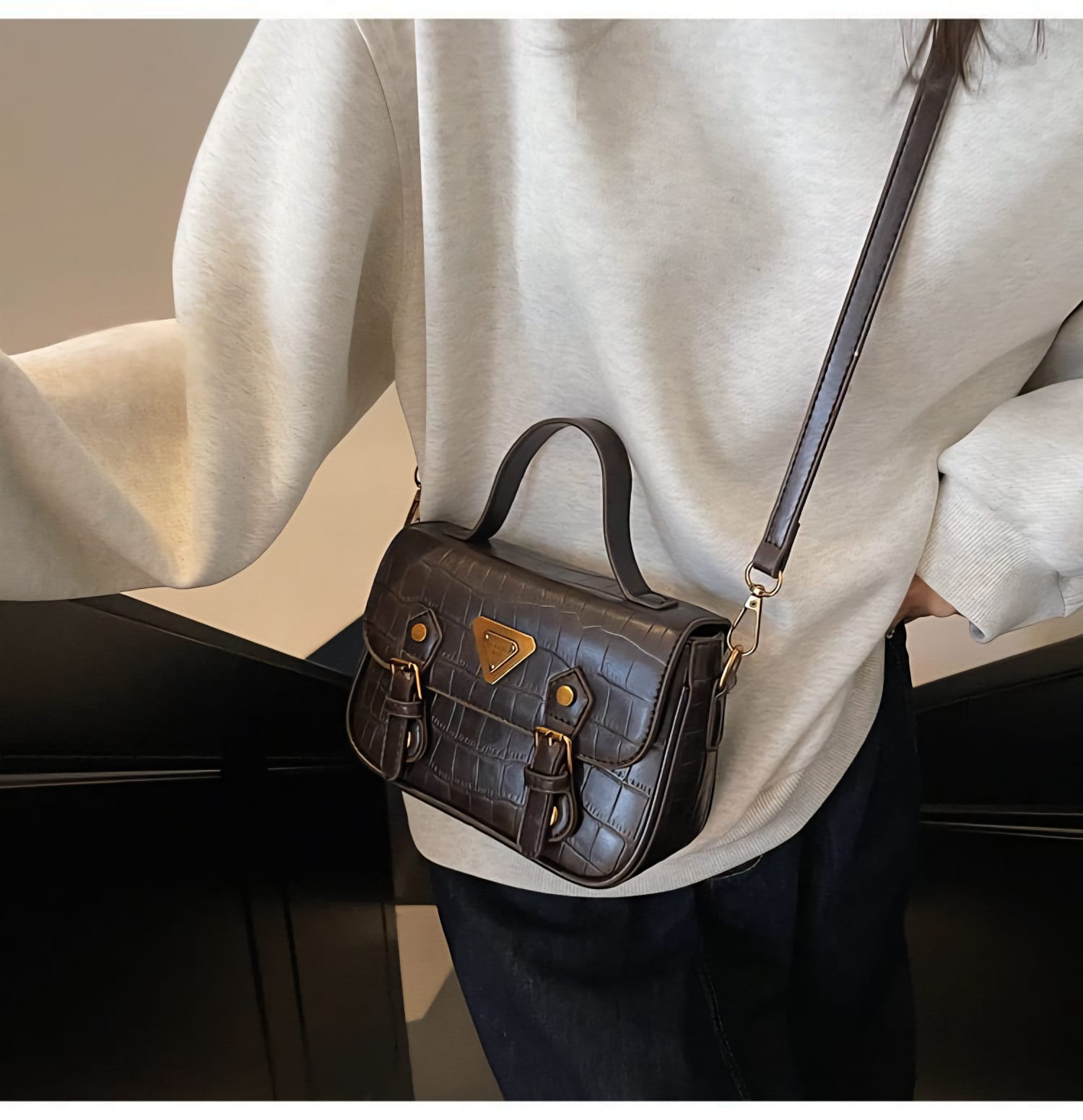 The Heritage Buckle Croc-Embossed Satchel