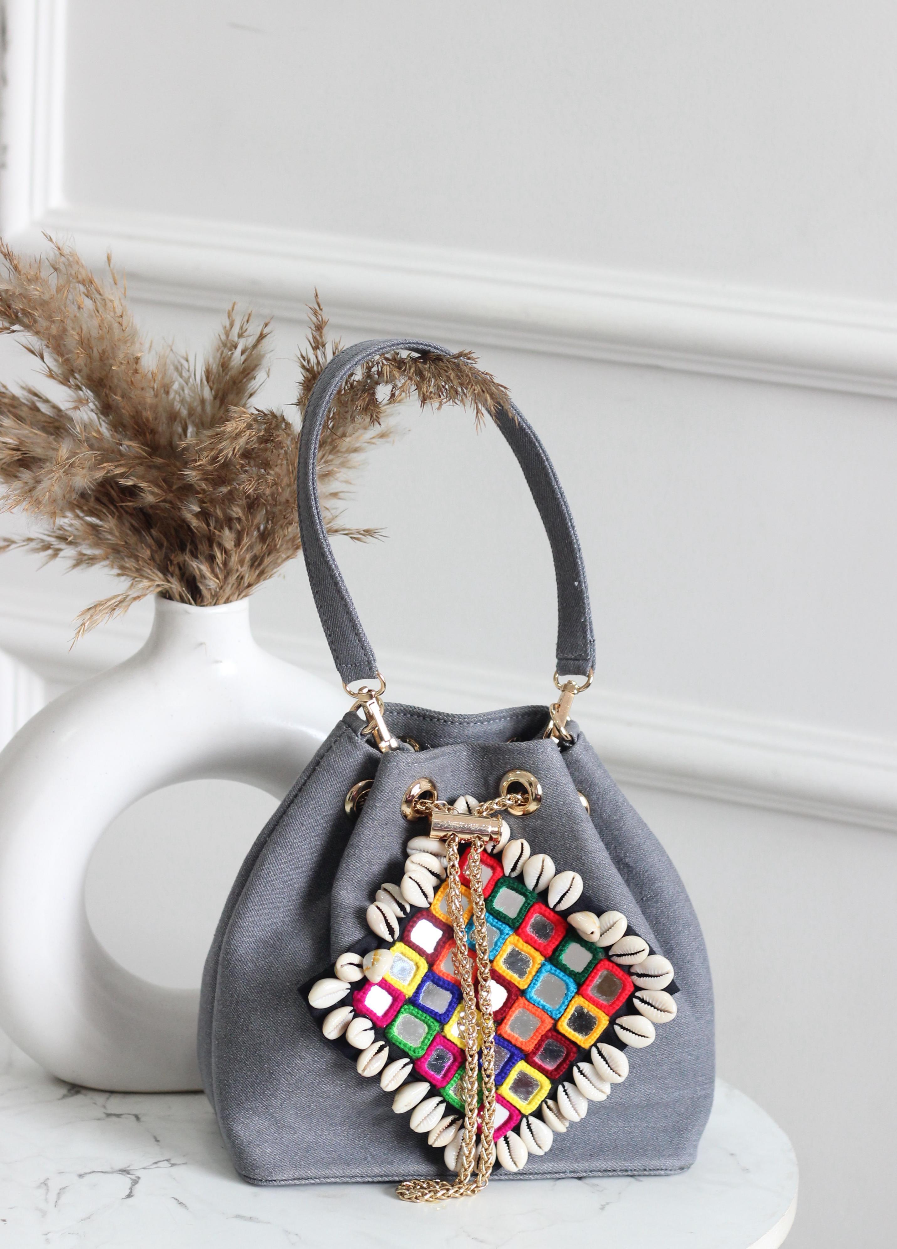 Boho-Chic Denim Bucket Bags with Shell & Mirror Work Embellishments