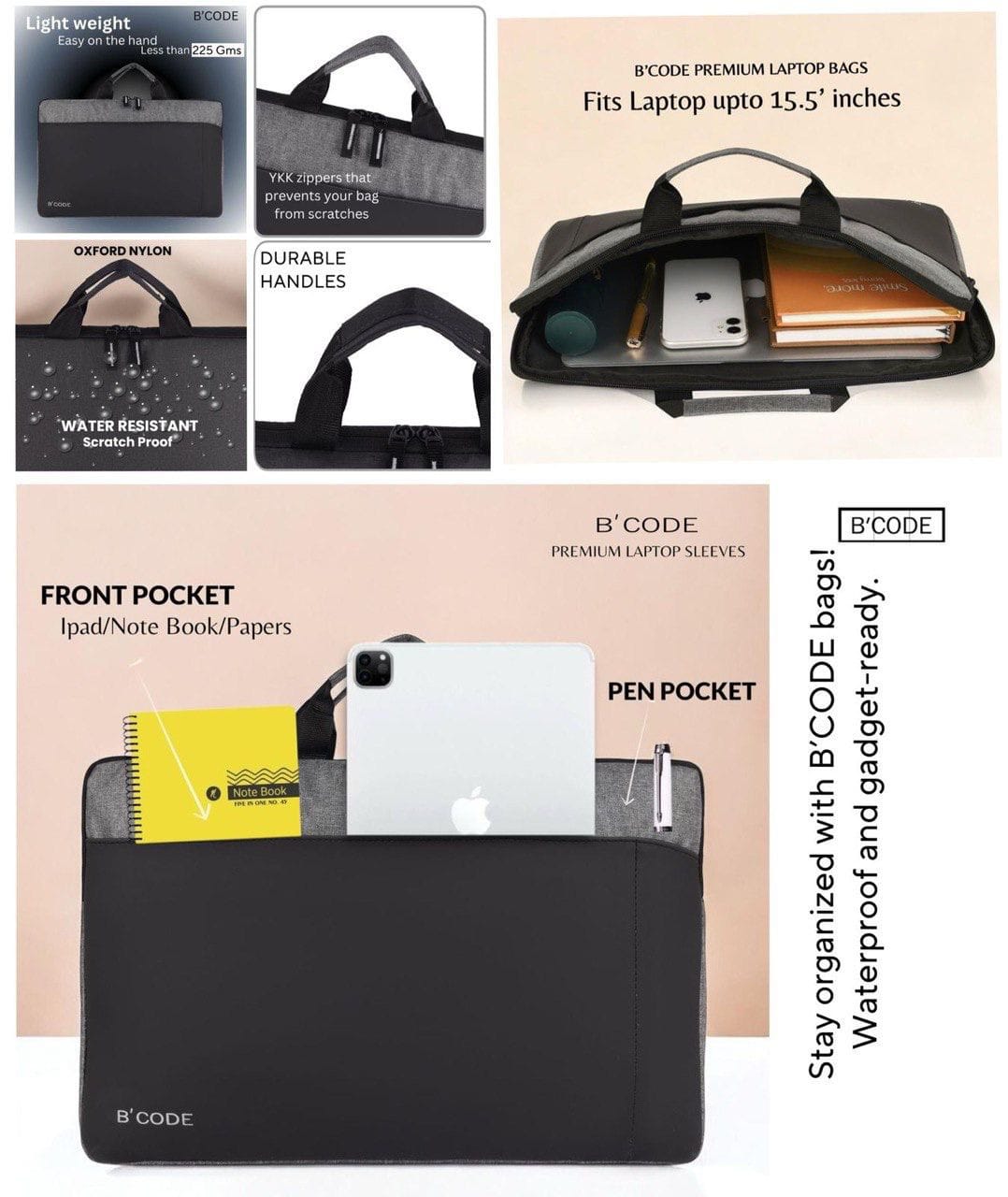 B’CODE®️ Exclusive Laptop Bag with Outer Gadget Pockets for Charger/Mobile/Notes/Ipad/Pen