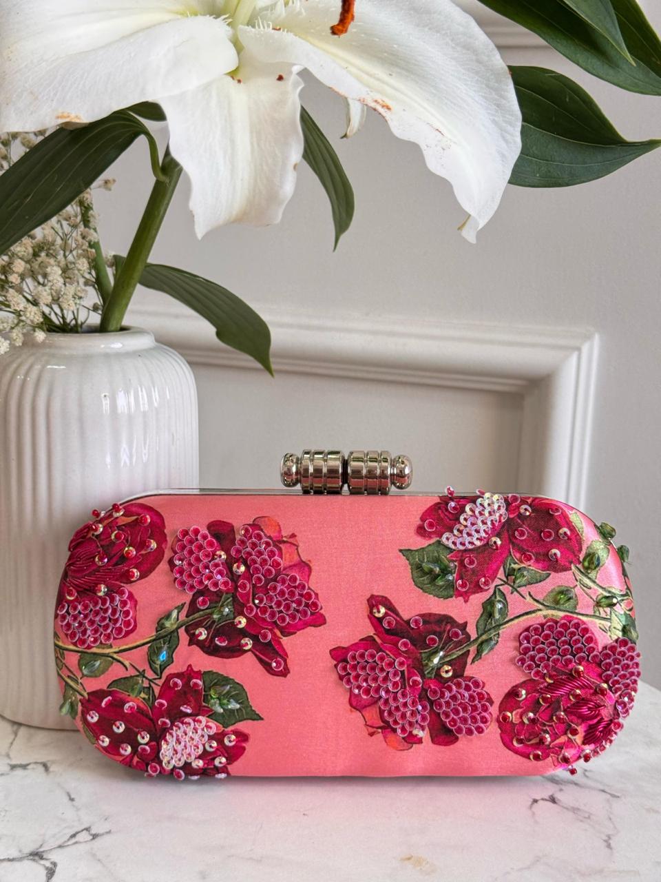 Fuschia Floral Sequin Box Clutch