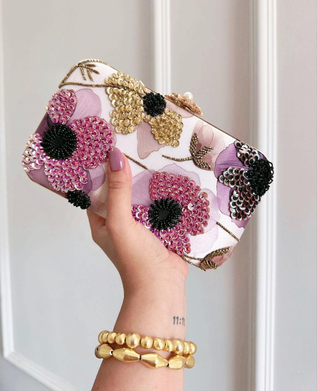 Lilac Floral Sequin Box Clutch