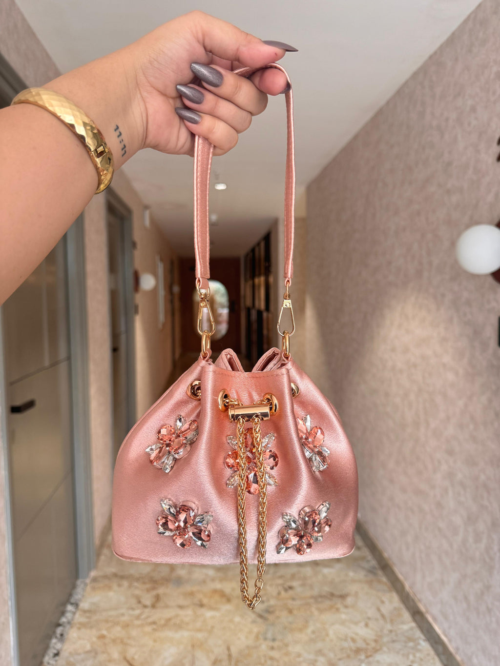Embellished Satin Potli Bags with Crystal Floral Work
