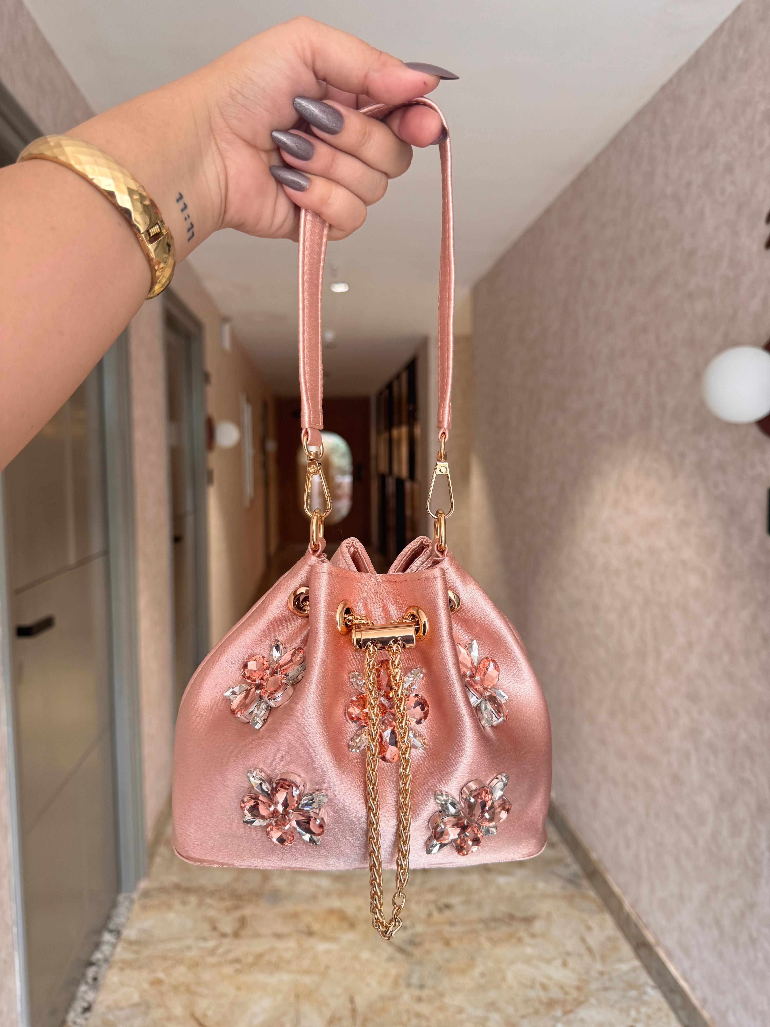 Embellished Satin Potli Bags with Crystal Floral Work
