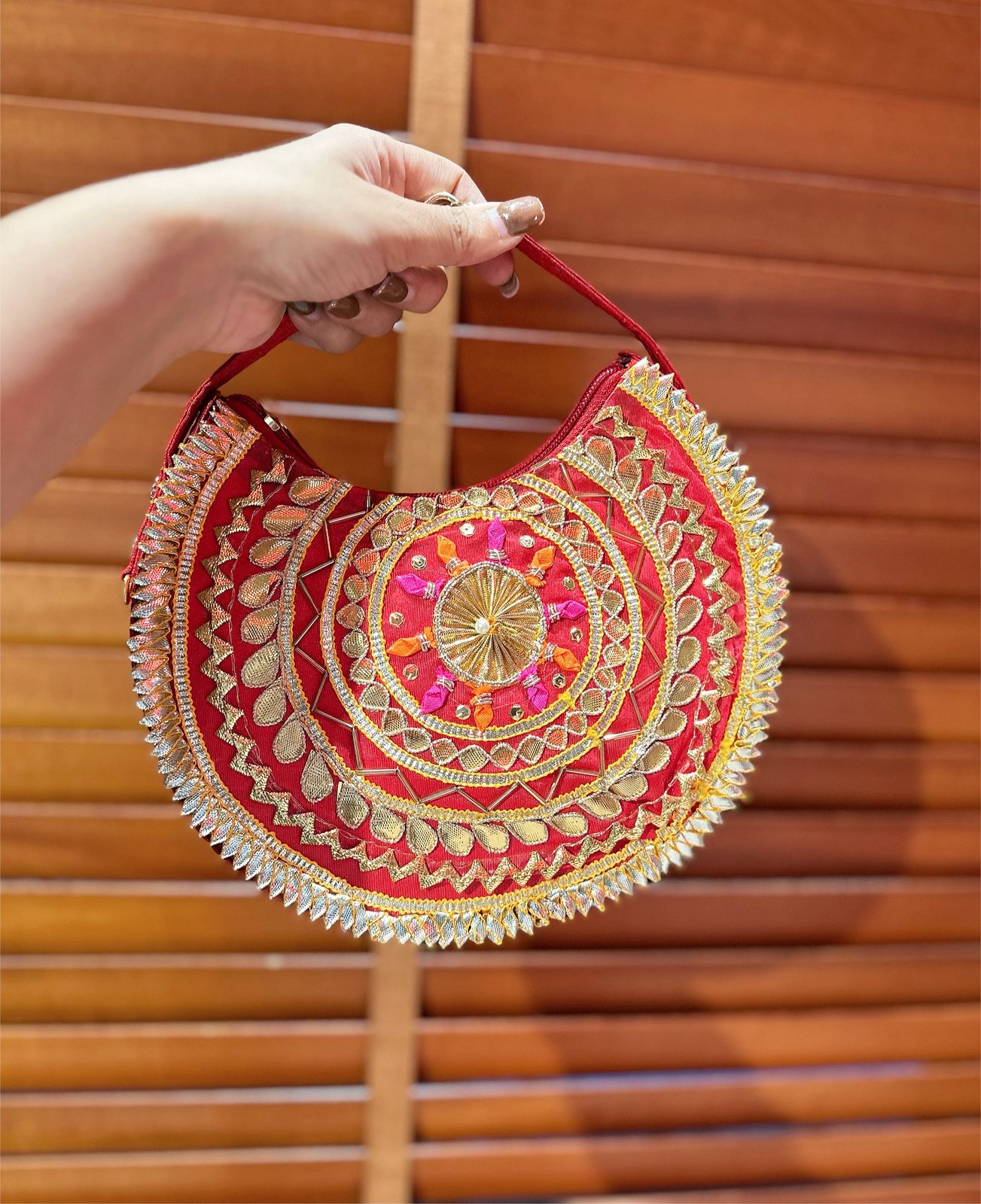 The Tribal Raw Silk Beaded Crescent Bag
