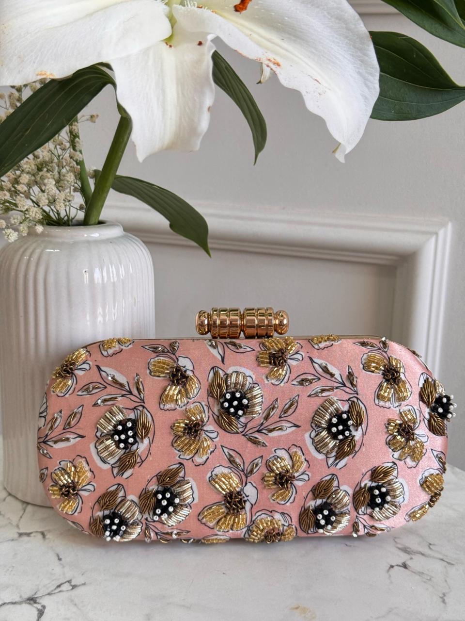 Rose Gold Floral Beaded Box Clutch