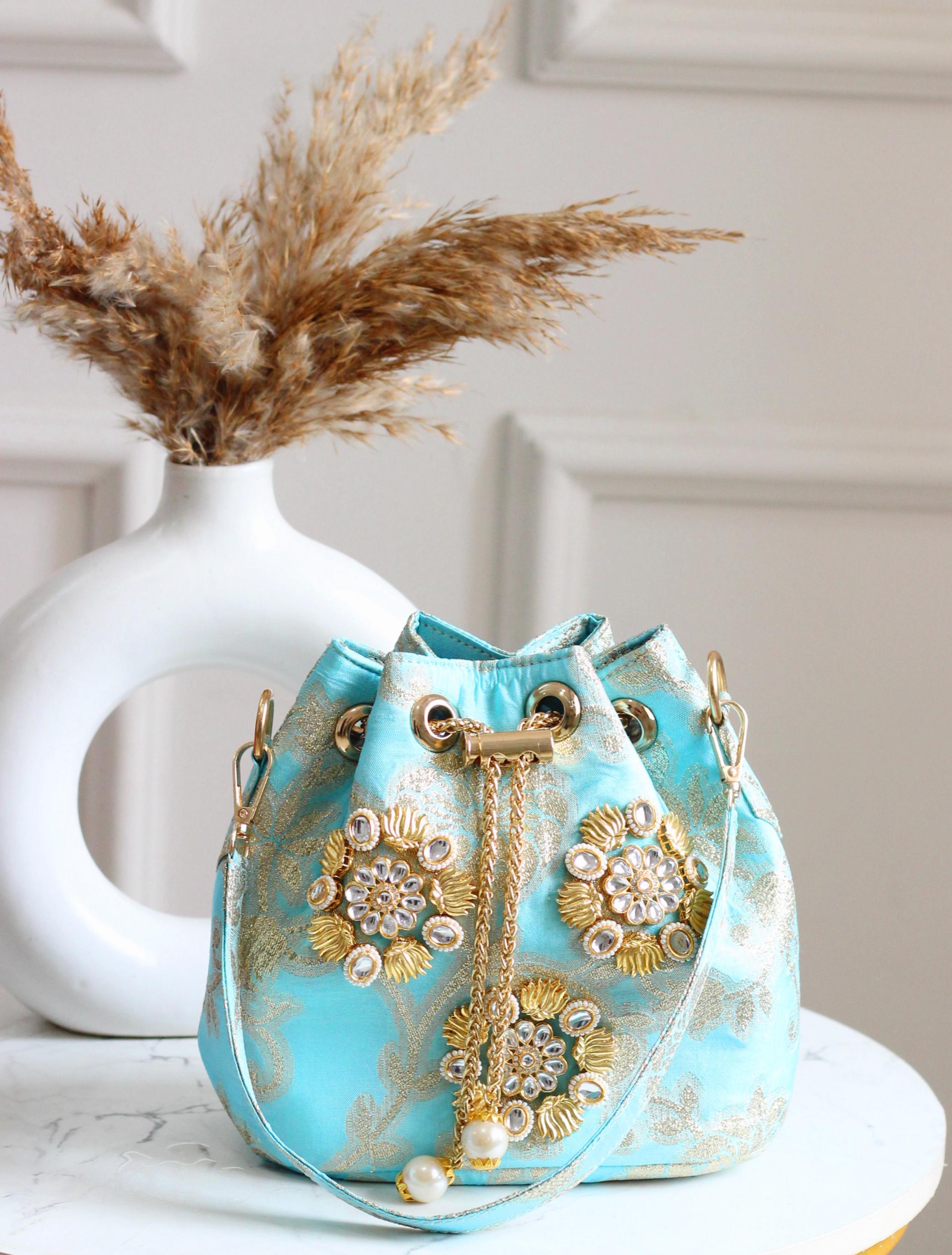 Banarasi Phool Embroidered Potli Bags – Traditional Drawstring Handbags with Golden Zari & Beadwork (Set of Colors)