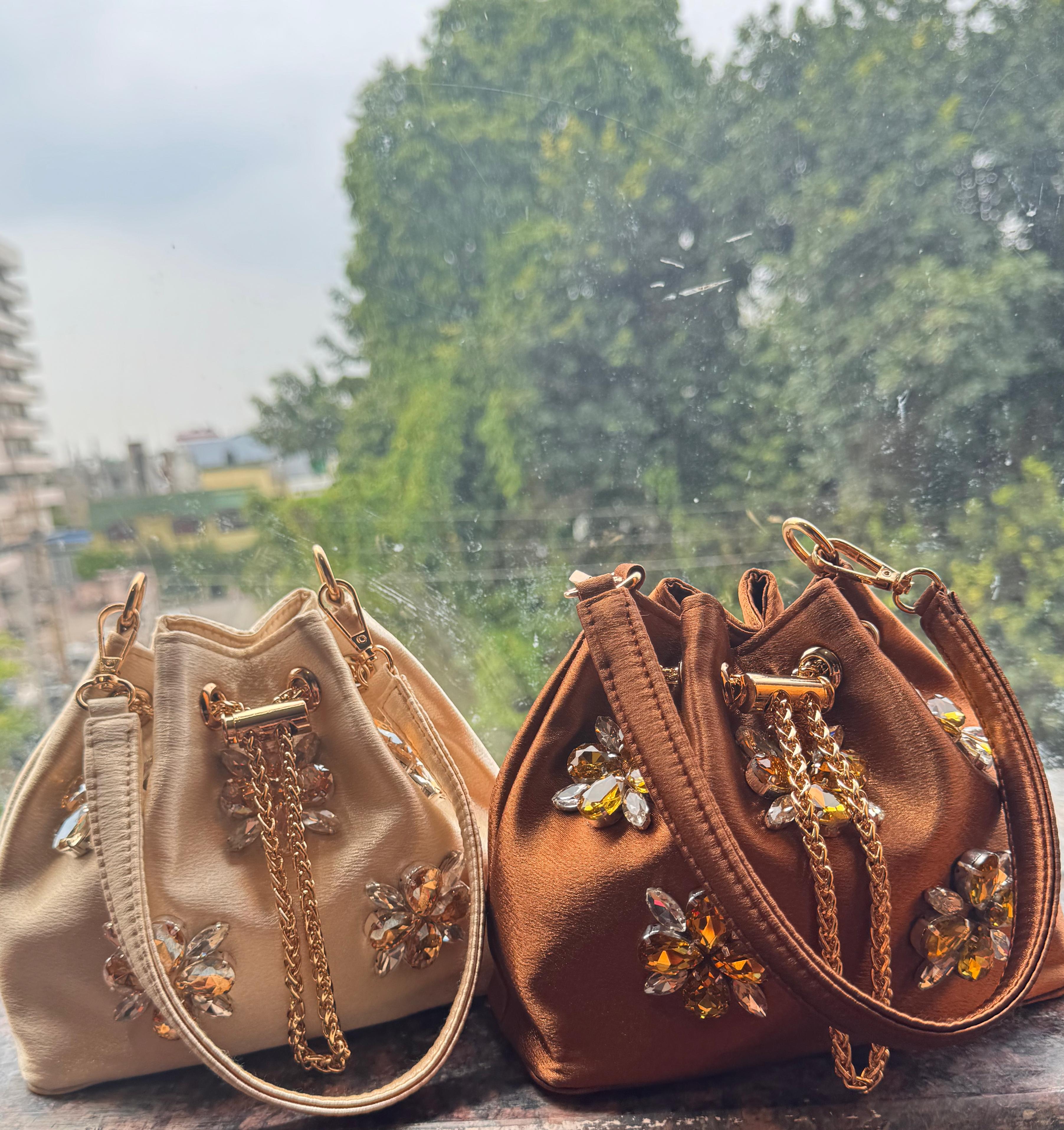 Embellished Satin Potli Bags with Crystal Floral Work