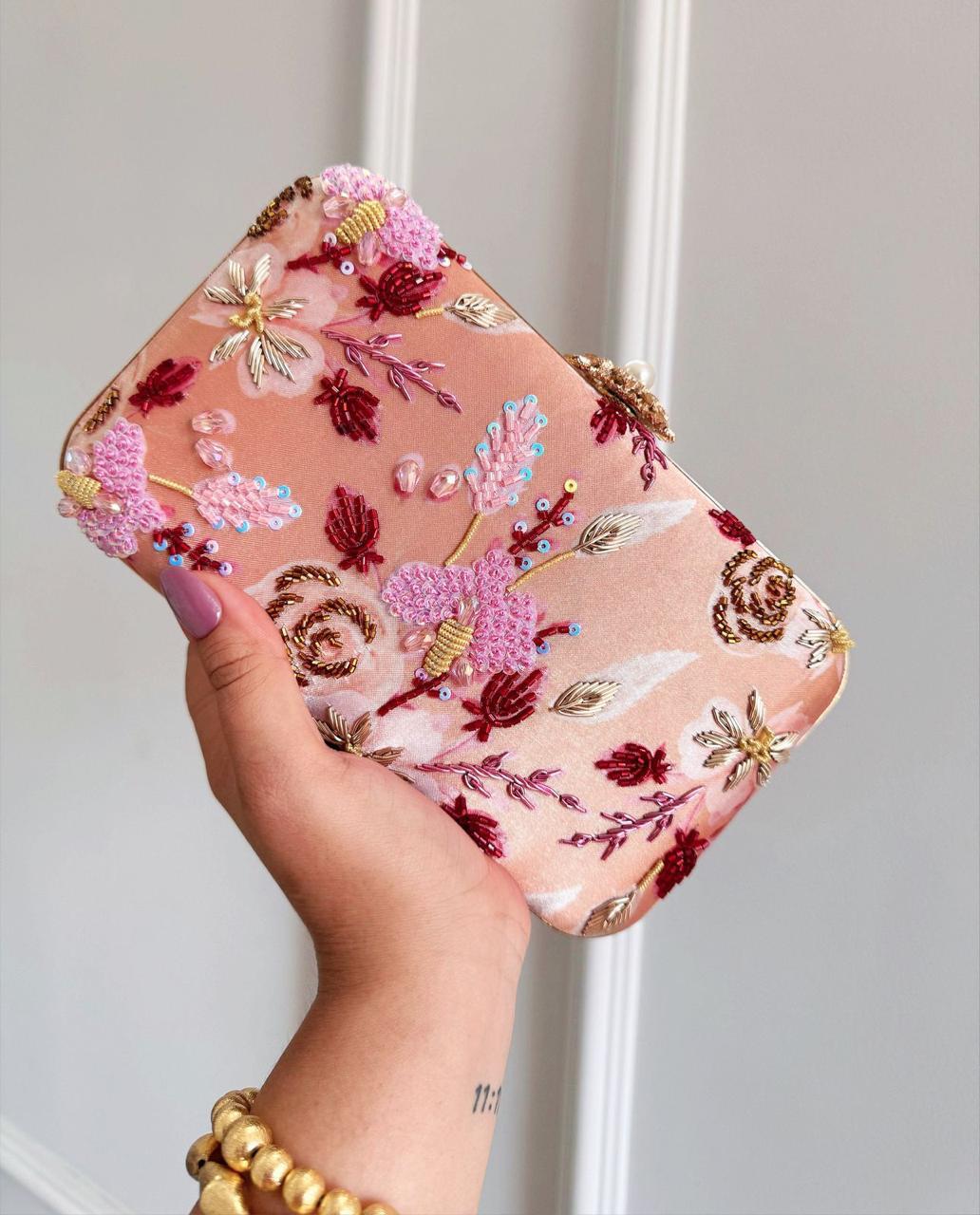 Blush Floral Embroidered Box Clutch