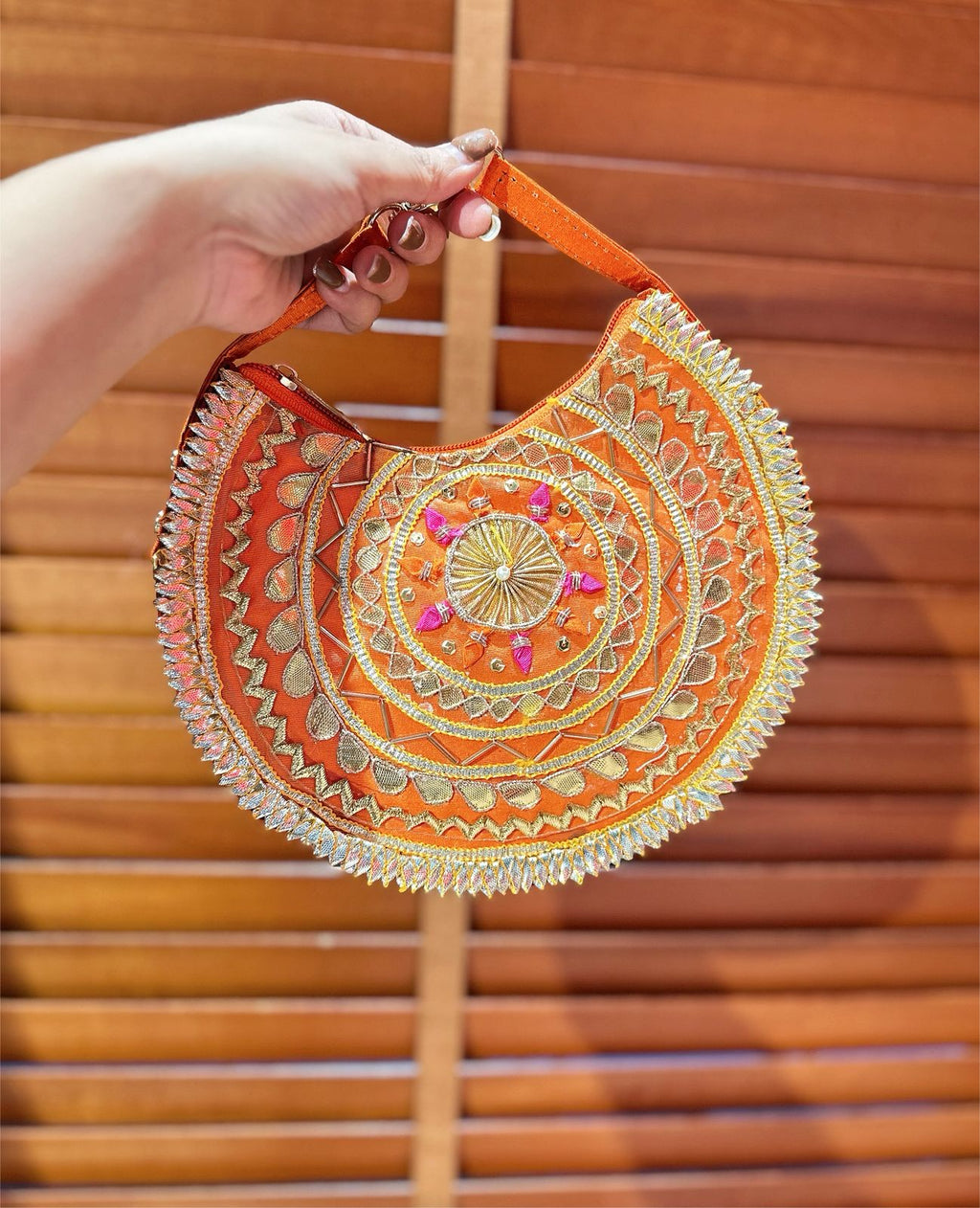 The Tribal Raw Silk Beaded Crescent Bag