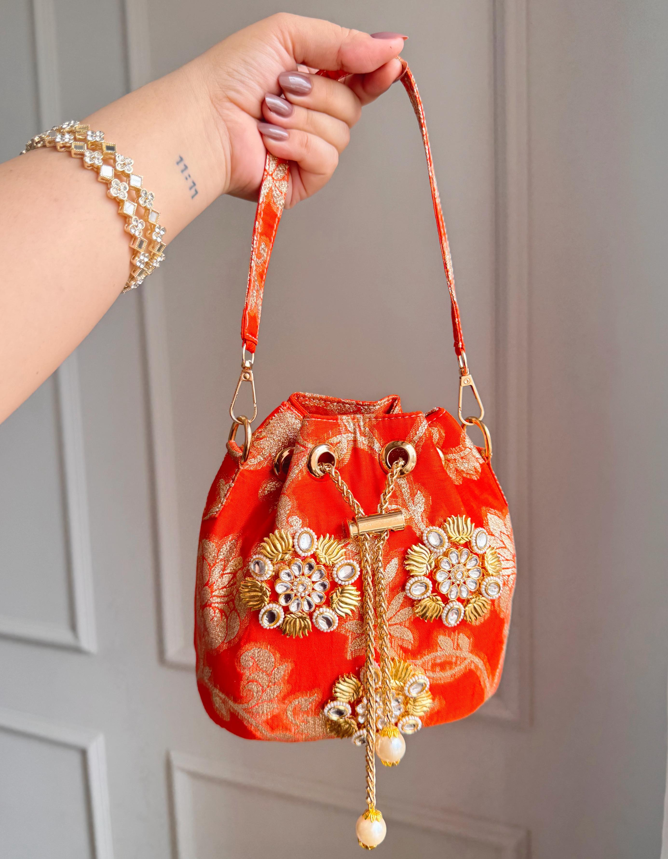 Banarasi Phool Embroidered Potli Bags – Traditional Drawstring Handbags with Golden Zari & Beadwork (Set of Colors)