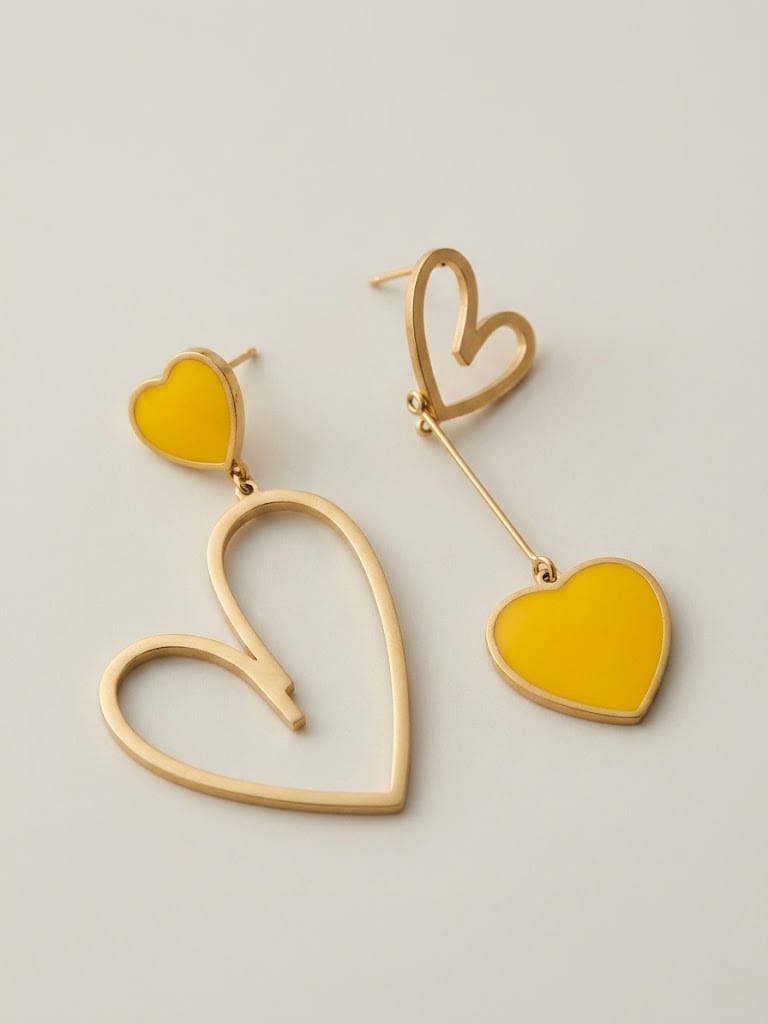 Asymmetric Gold Heart Earrings with Vibrant Yellow Accents