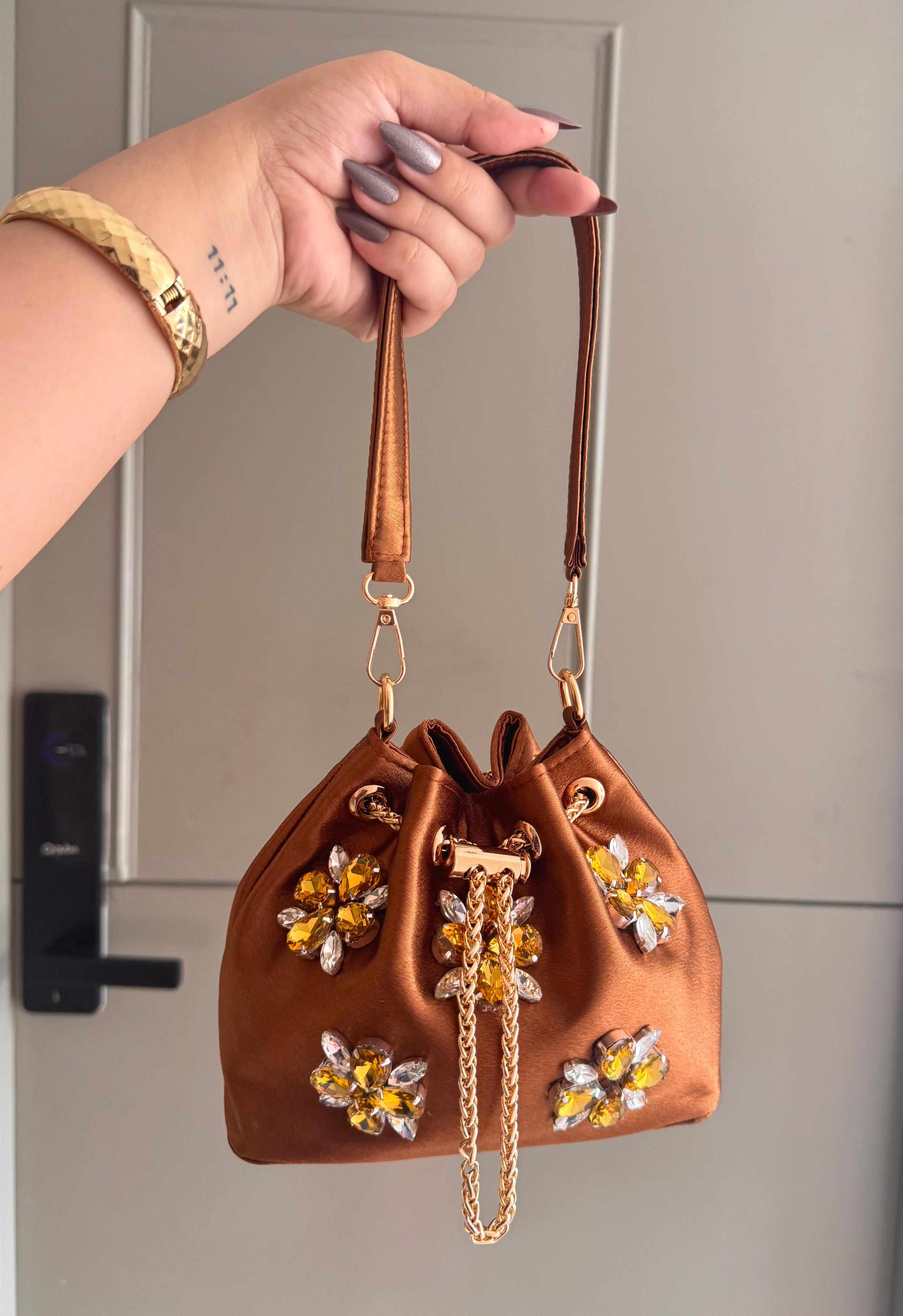Embellished Satin Potli Bags with Crystal Floral Work
