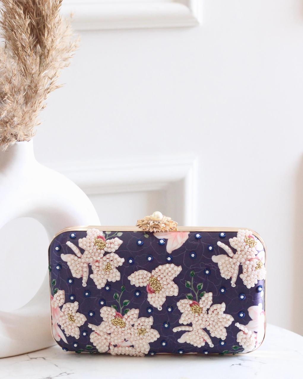 Midnight Blue Beaded Floral Clutch