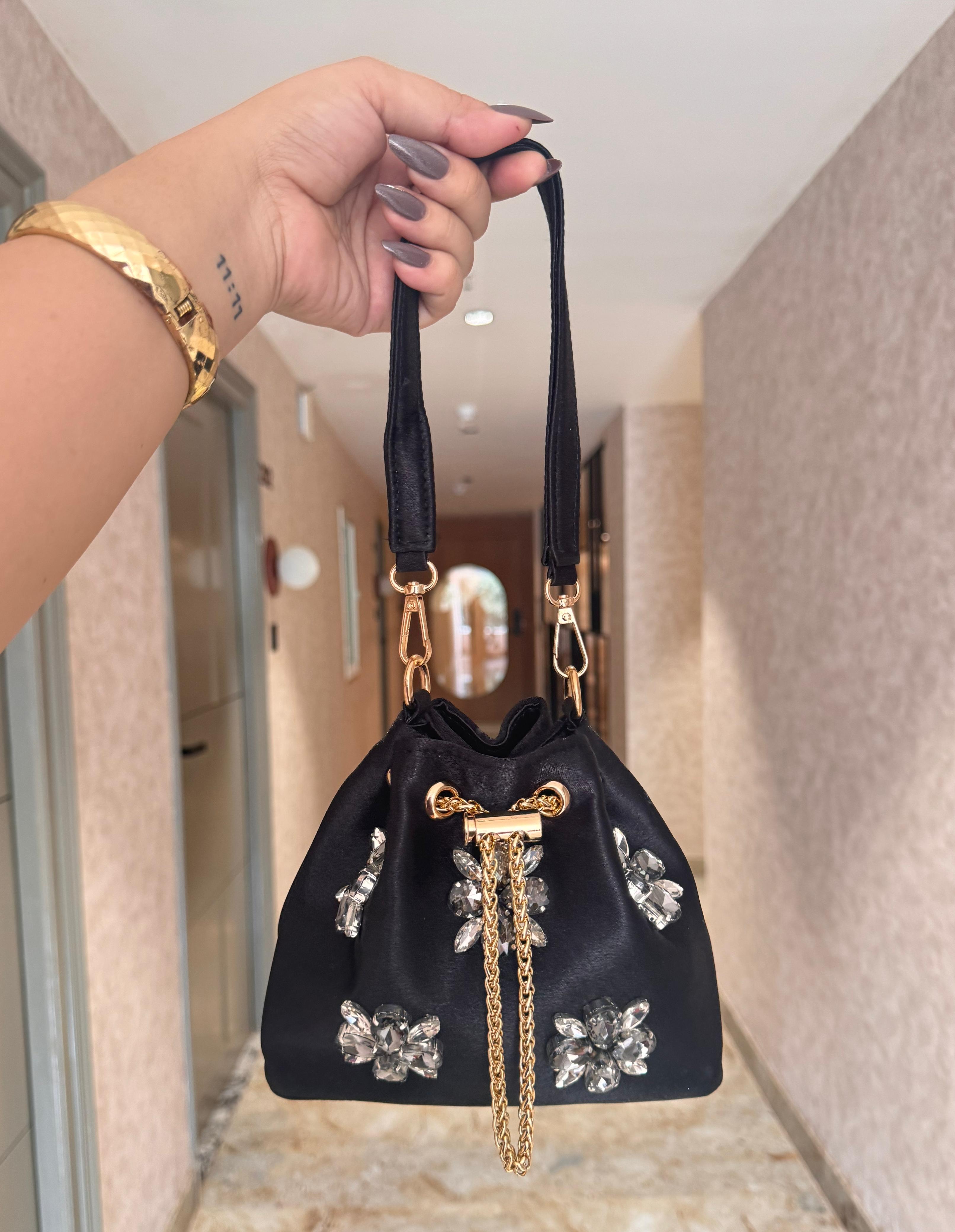 Embellished Satin Potli Bags with Crystal Floral Work