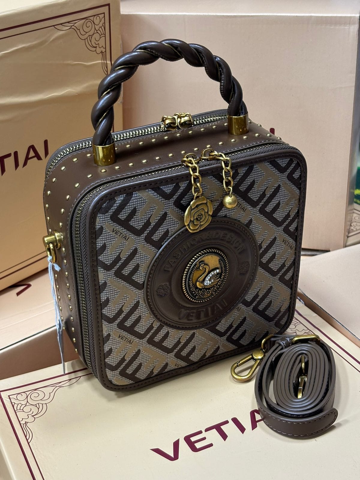 Designer Square Handbag for Women – Luxury Brown Printed Top Handle Bag with Sling Strap