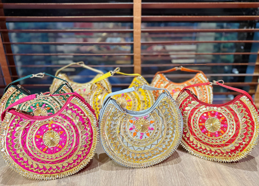 The Tribal Raw Silk Beaded Crescent Bag