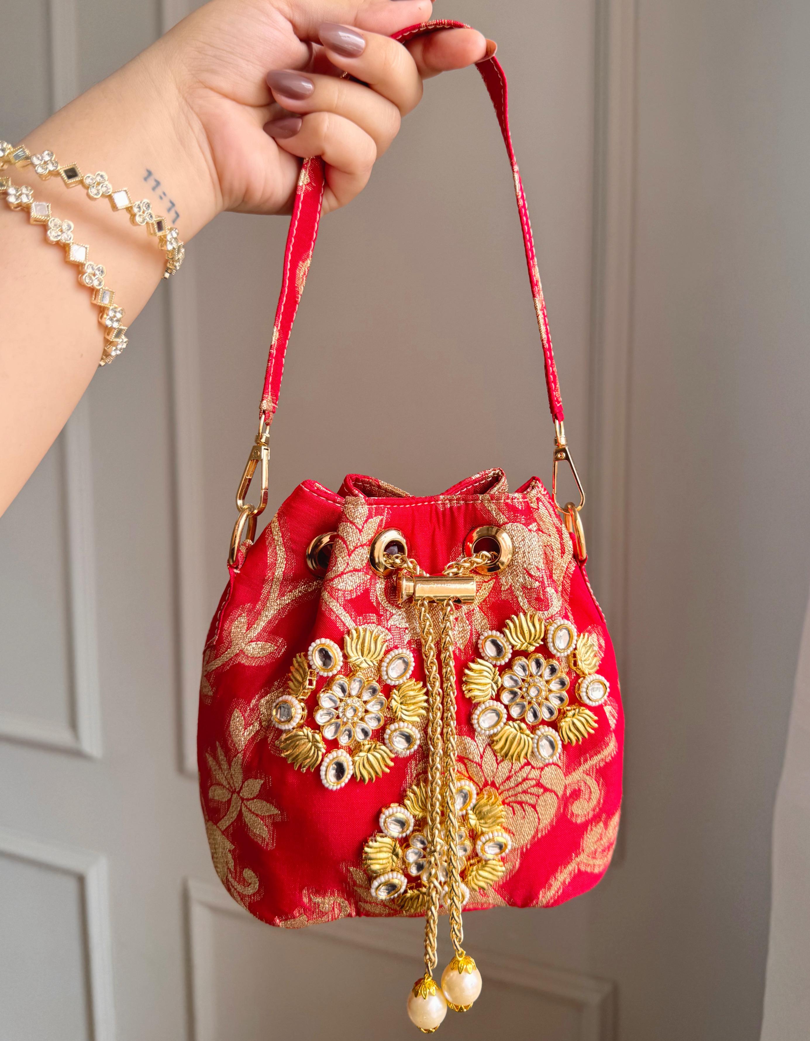 Banarasi Phool Embroidered Potli Bags – Traditional Drawstring Handbags with Golden Zari & Beadwork (Set of Colors)