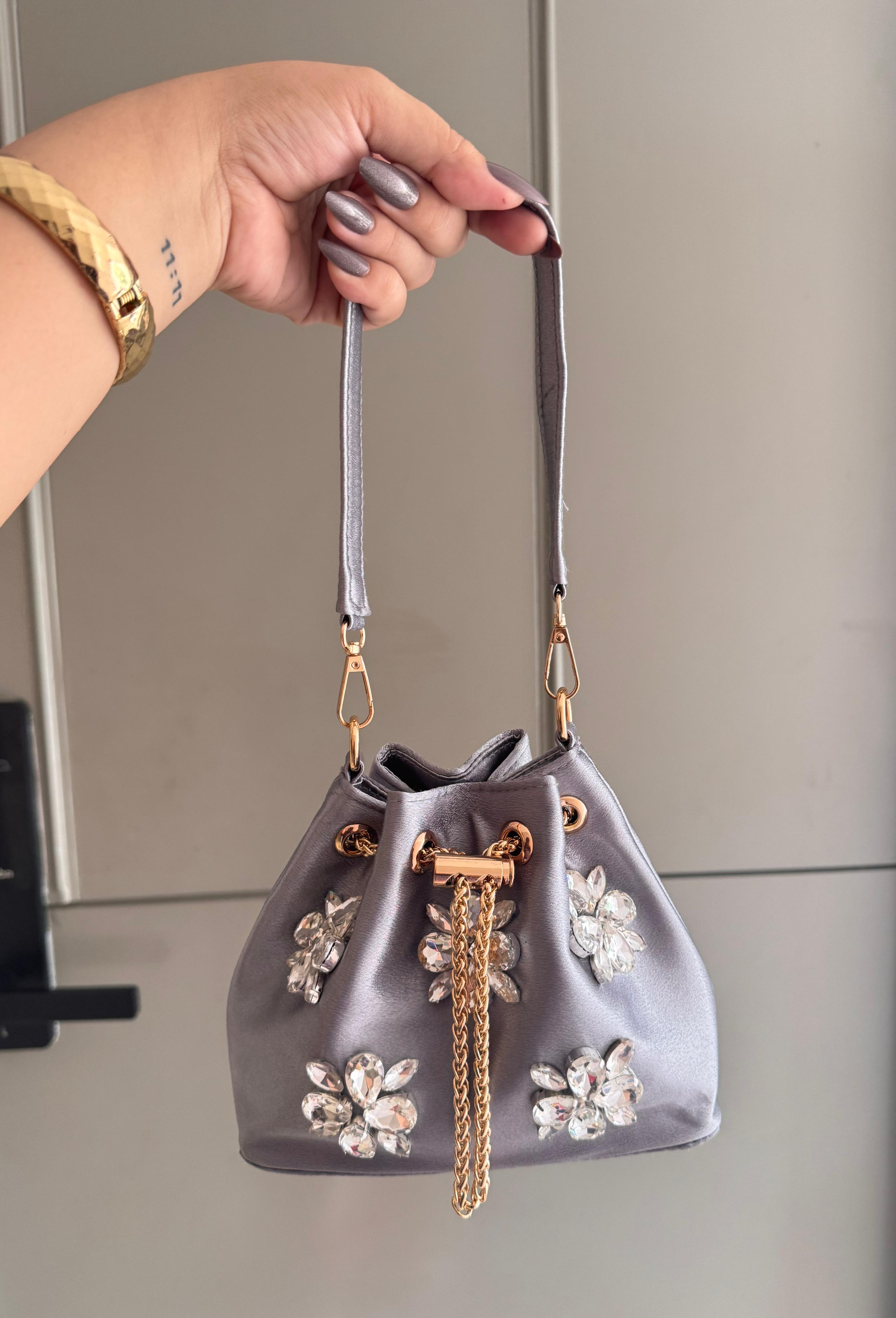 Embellished Satin Potli Bags with Crystal Floral Work