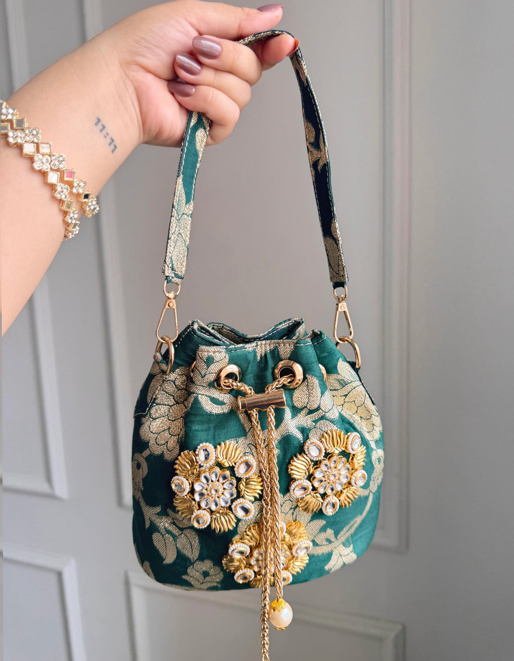 Banarasi Phool Embroidered Potli Bags – Traditional Drawstring Handbags with Golden Zari & Beadwork (Set of Colors)