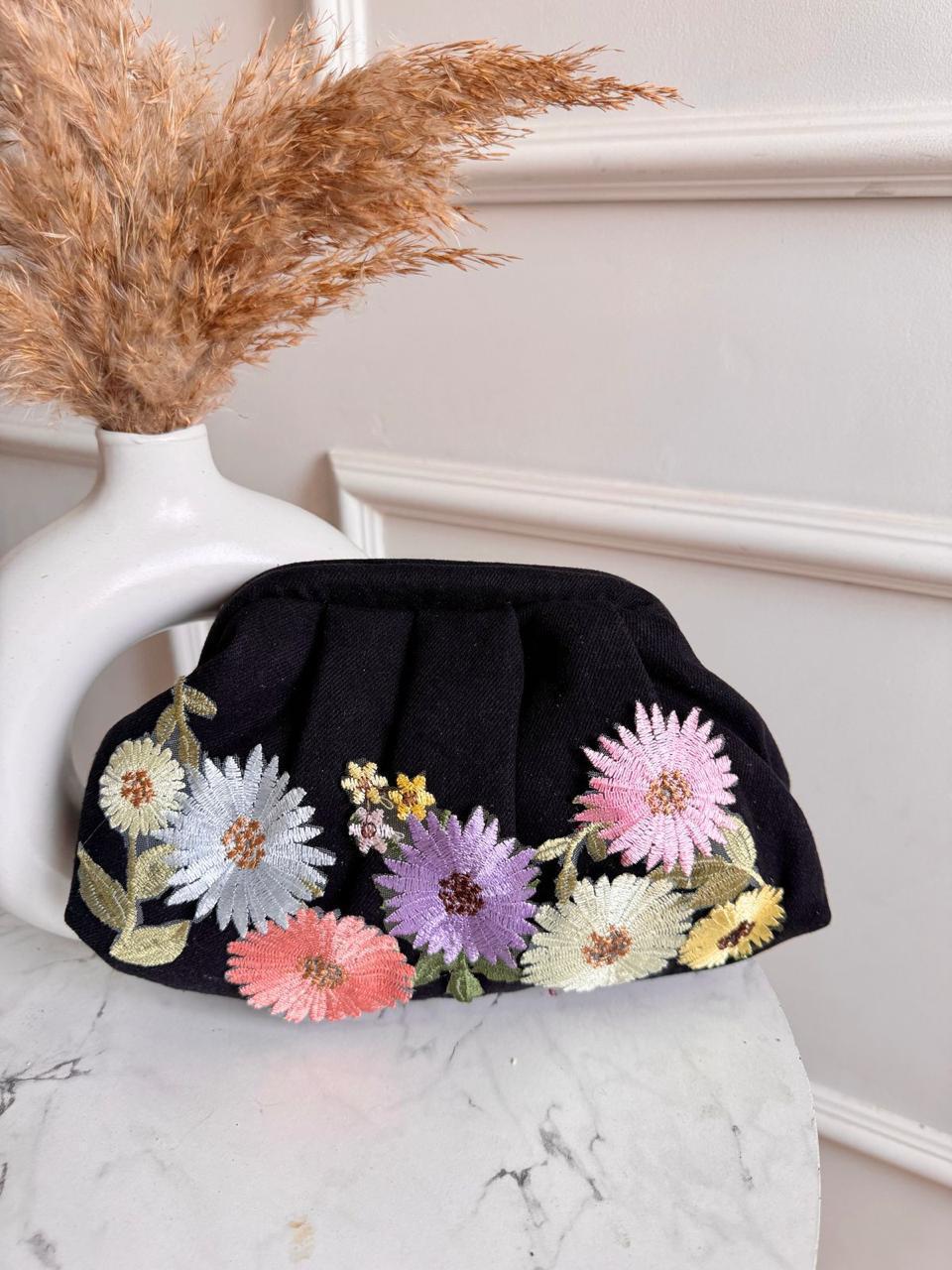 Denim Floral Embroidered Clutch – Elegant Handbag for Women | Casual & Party Wear