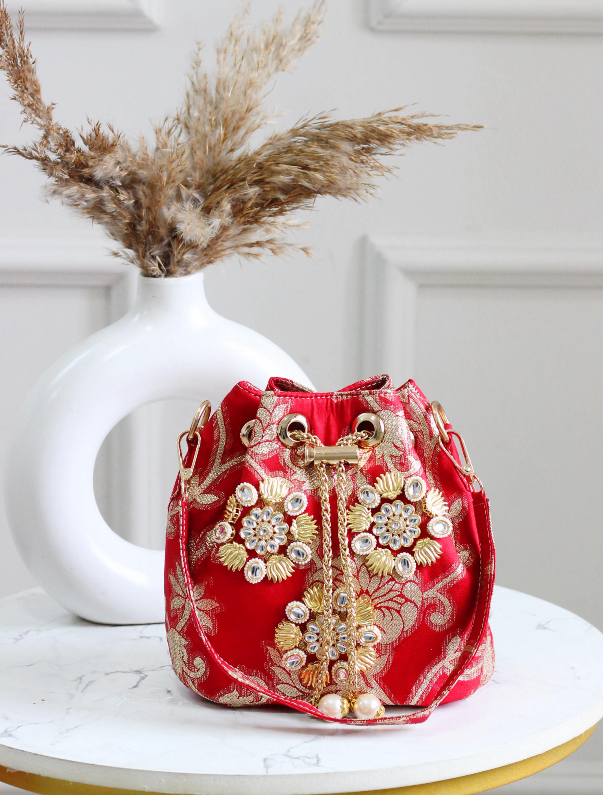 Banarasi Phool Embroidered Potli Bags – Traditional Drawstring Handbags with Golden Zari & Beadwork (Set of Colors)