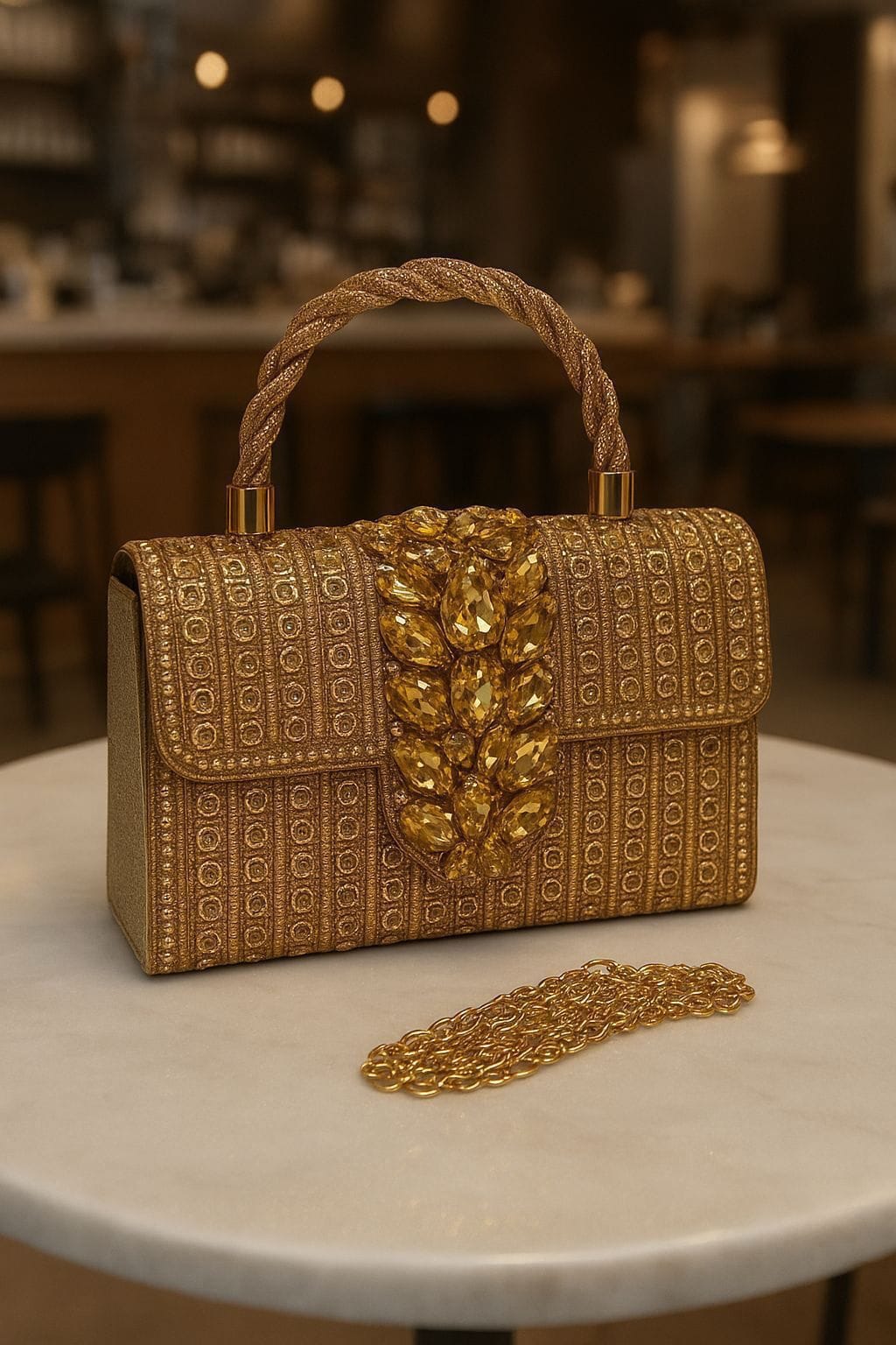 Crystal Embellished Handbag with Gold Chain