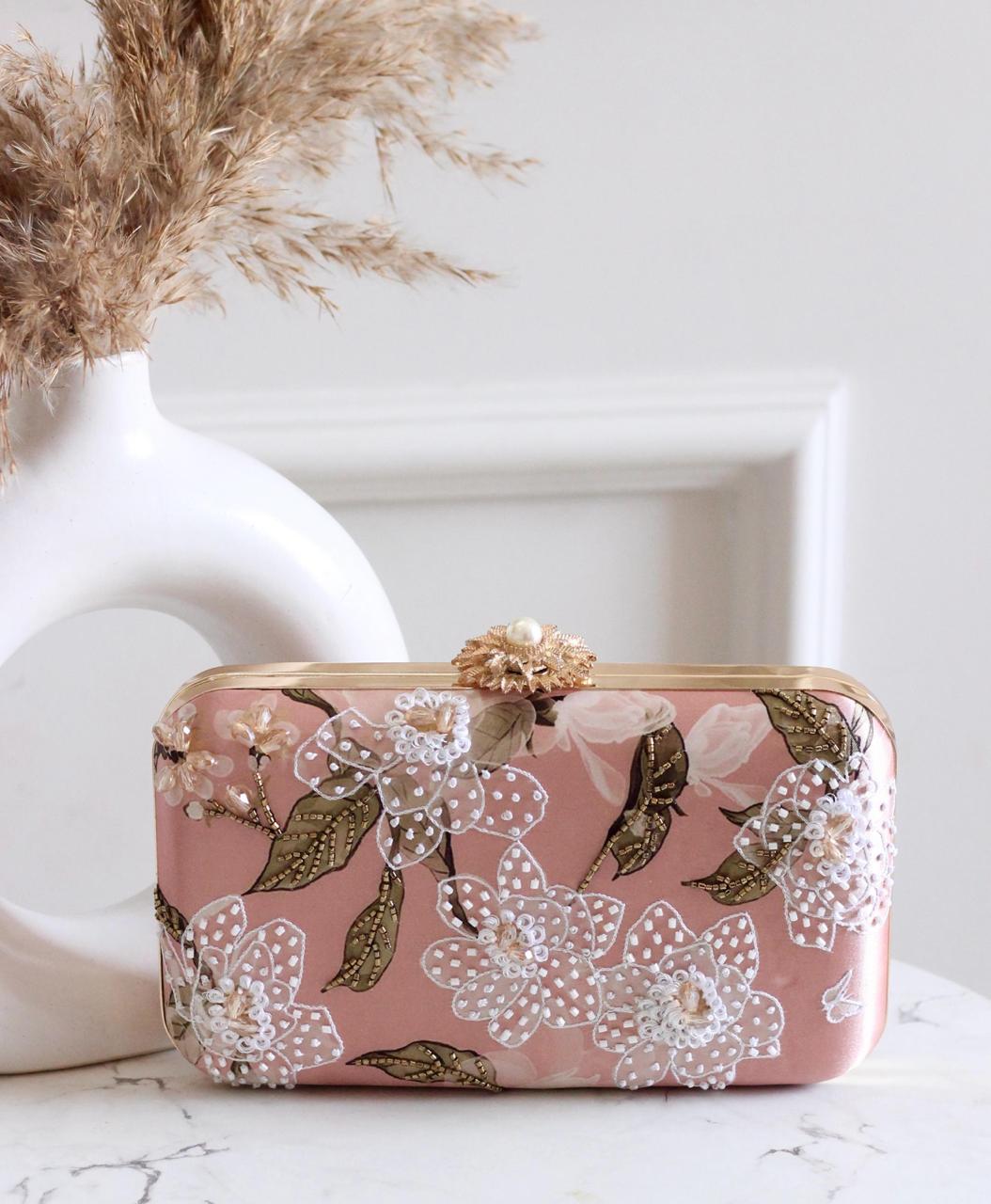 Blush Pink Embroidered Floral Clutch