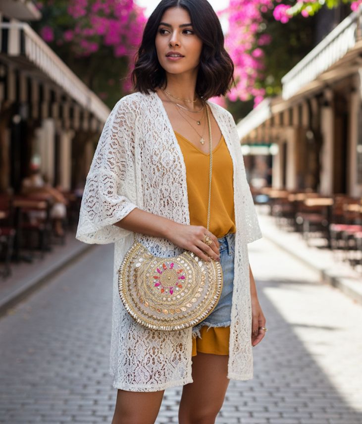 The Tribal Raw Silk Beaded Crescent Bag