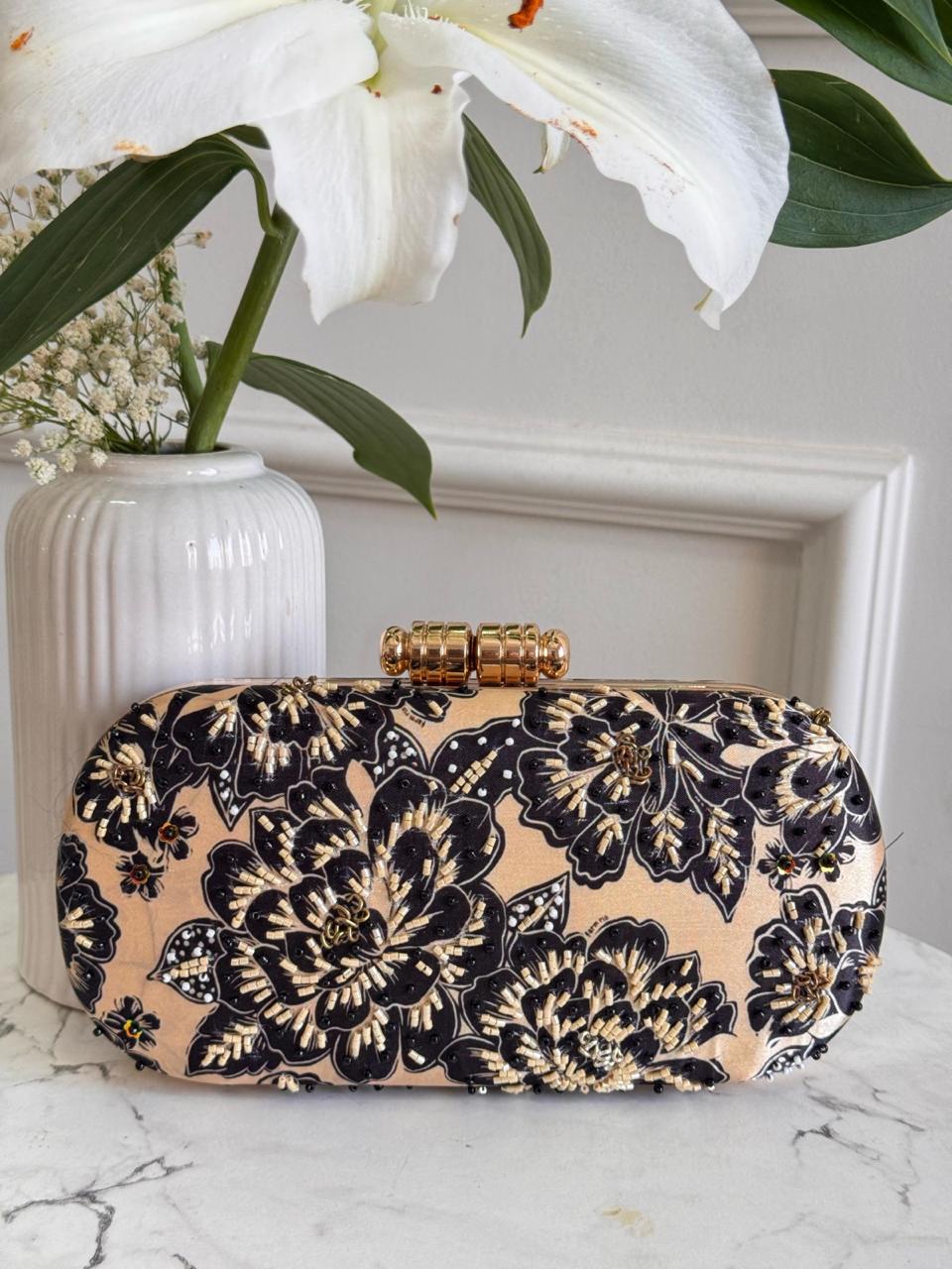Black and Gold Floral Beaded Evening Clutch