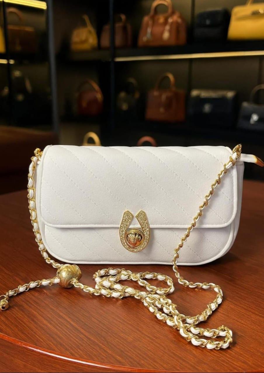 White Quilted Shoulder Bag with Gold Chain Strap