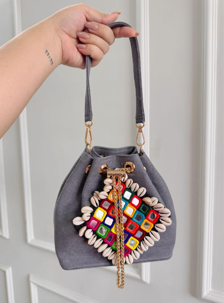 Boho-Chic Denim Bucket Bags with Shell & Mirror Work Embellishments