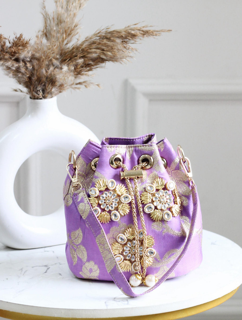 Banarasi Phool Embroidered Potli Bags – Traditional Drawstring Handbags with Golden Zari & Beadwork (Set of Colors)
