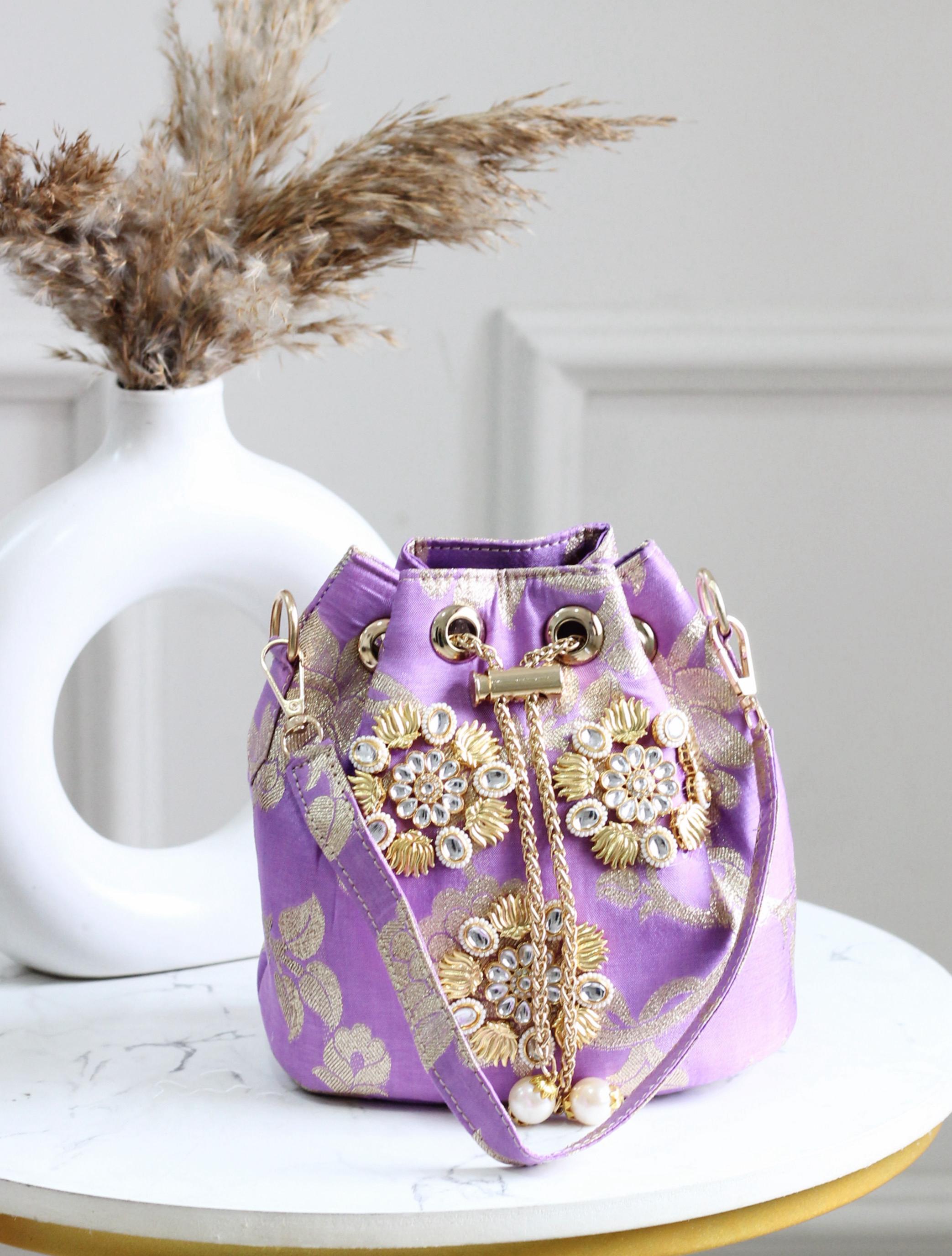 Banarasi Phool Embroidered Potli Bags – Traditional Drawstring Handbags with Golden Zari & Beadwork (Set of Colors)