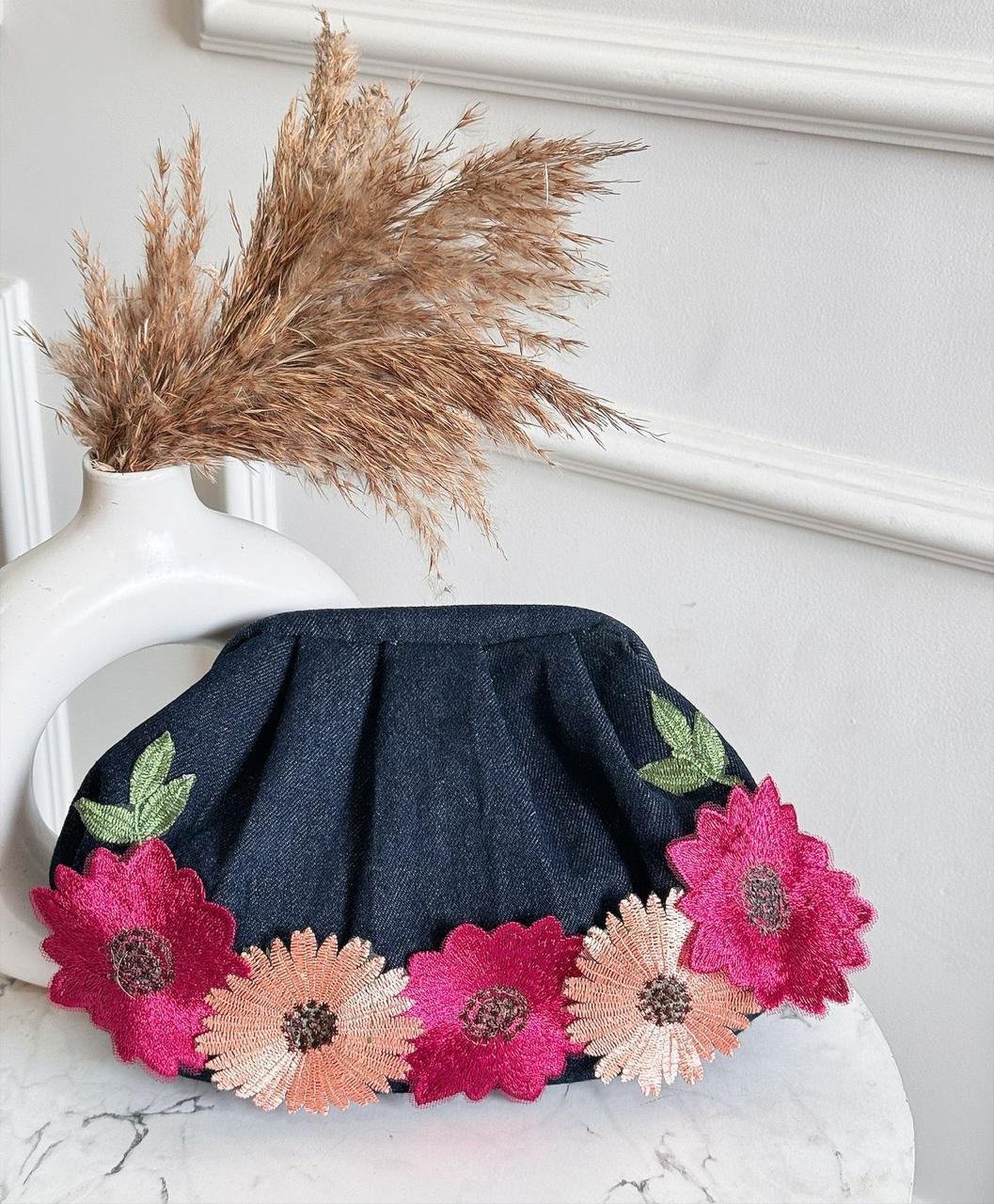 Denim Floral Embroidered Clutch – Elegant Handbag for Women | Casual & Party Wear