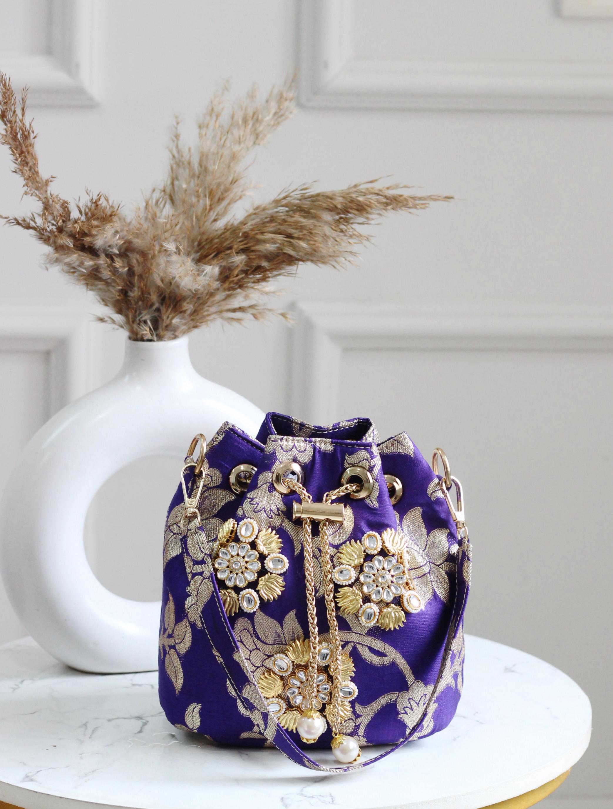 Banarasi Phool Embroidered Potli Bags – Traditional Drawstring Handbags with Golden Zari & Beadwork (Set of Colors)