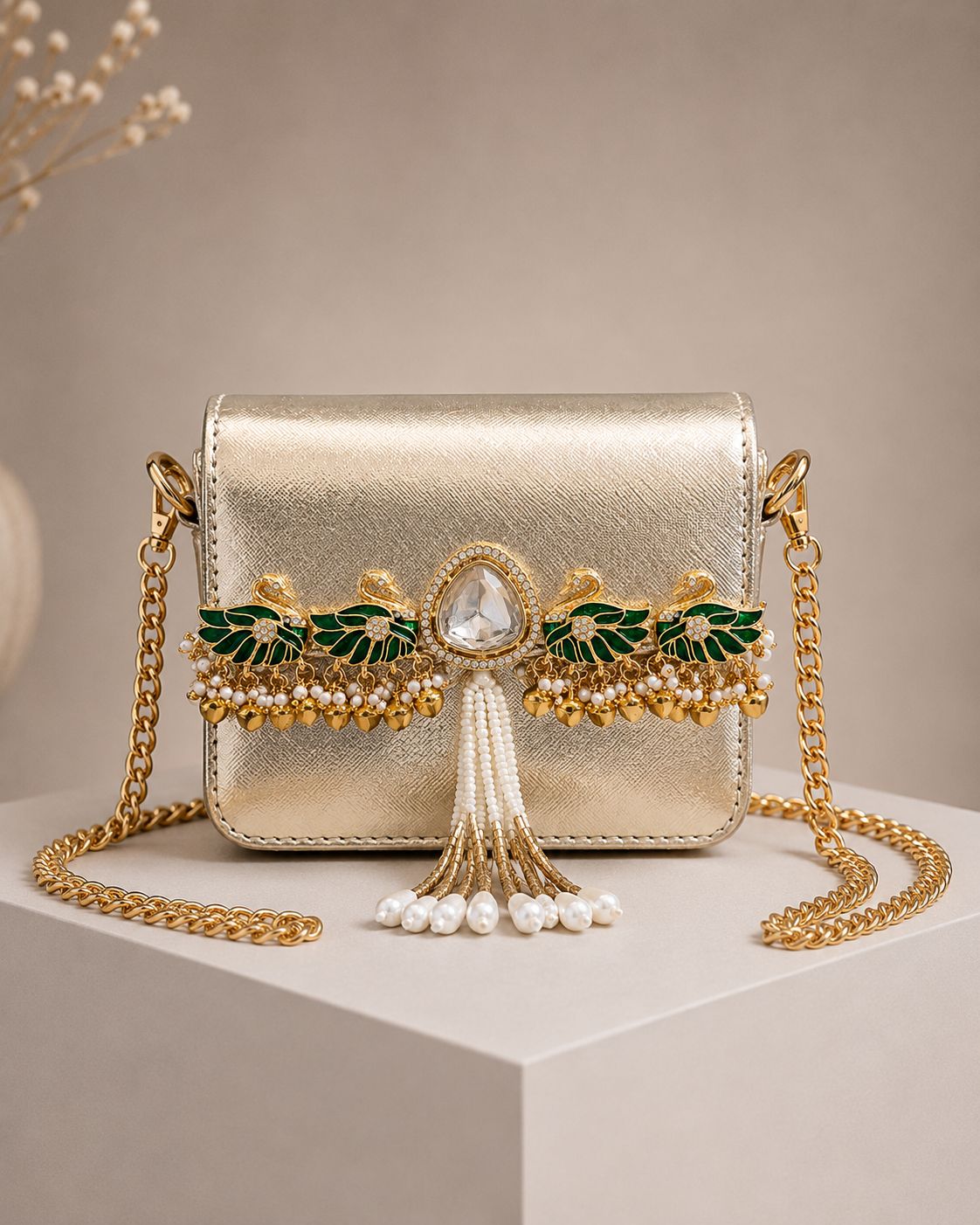 The Rajkumari Swan Metallic Mini Clutch Bag with Sling Chain