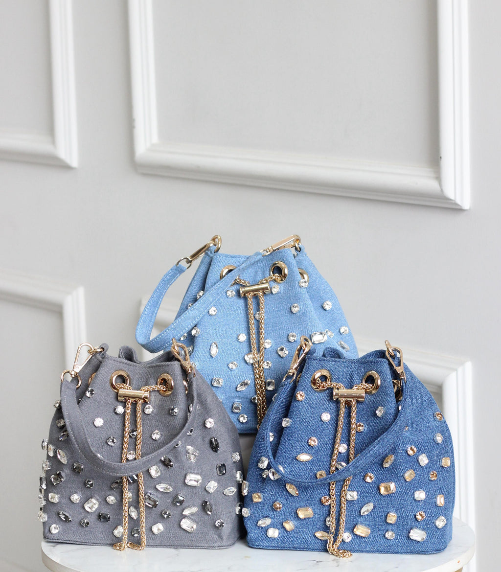 The Stella Rhinestone-Embellished Denim Bucket Bag