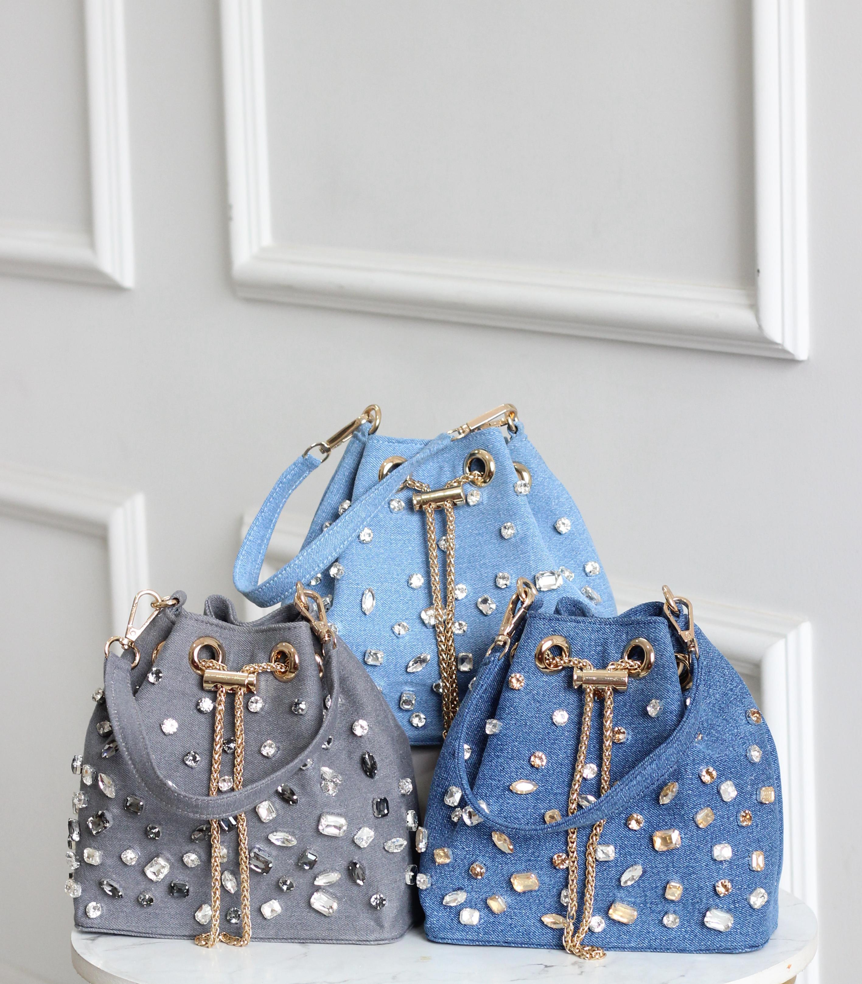 The Stella Rhinestone-Embellished Denim Bucket Bag