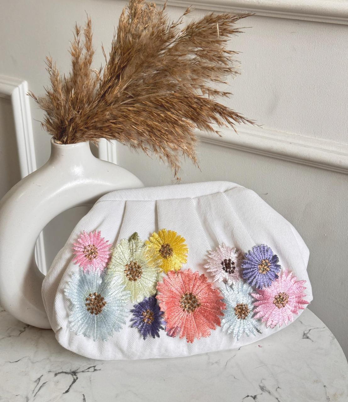 Denim Floral Embroidered Clutch – Elegant Handbag for Women | Casual & Party Wear